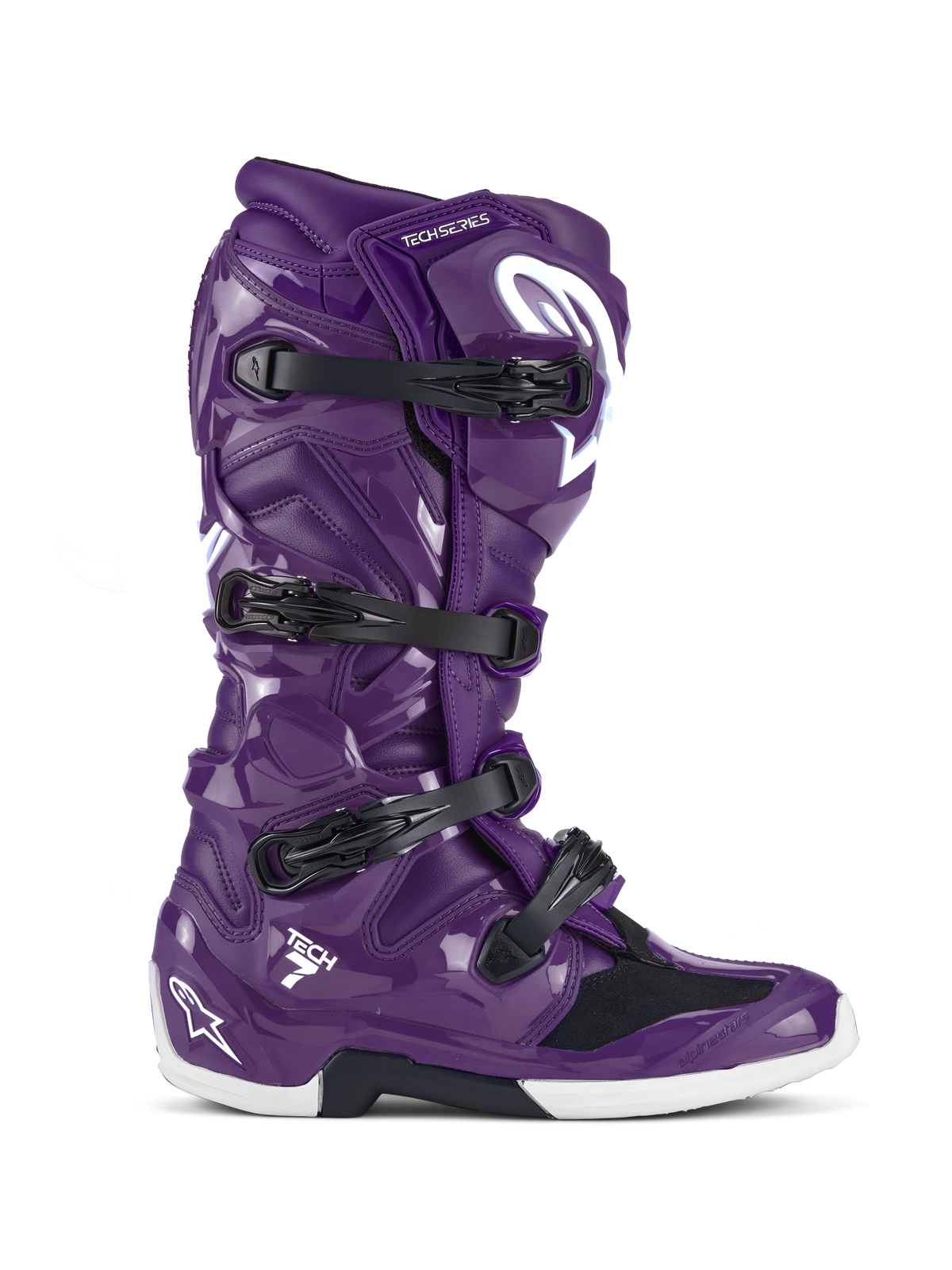 Alpinestars Tech 7 støvler, motocross off-road støvler, blank lilla med sorte spænder og hvide detaljer, set fra siden, lukkessystem med fire stropper, hvidt Star-logo på hælen og skinnebenet, slidstærk TPU-konstruktion til terrænkørsel
