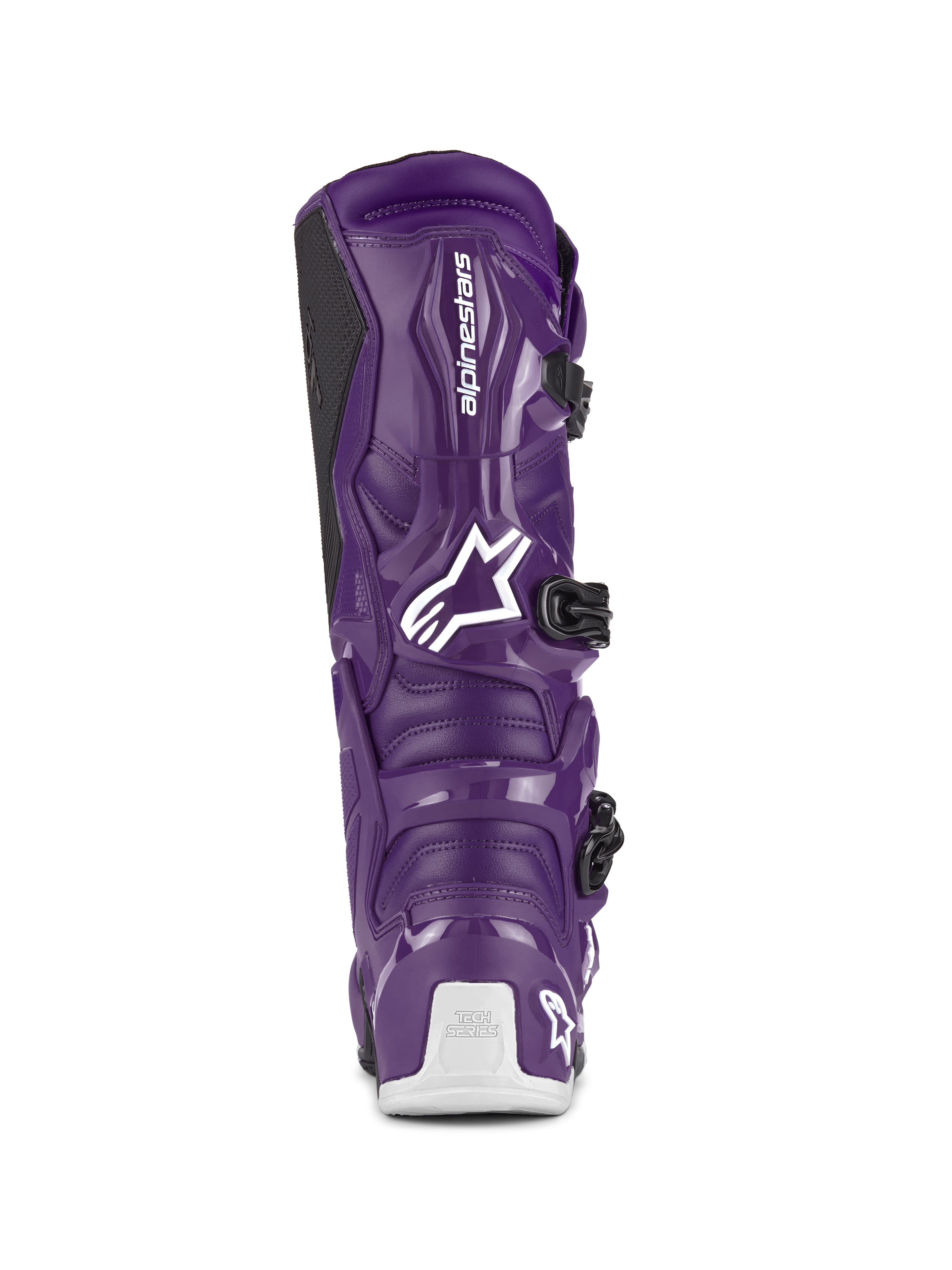Alpinestars Tech 7 støvler, motocross-støvler, lilla, set bagfra med hvidt Alpinestars-logo og Tech Series-branding på hælen, sorte spændelukninger, slidstærk TPU- og syntetisk konstruktion til terrænkørsel