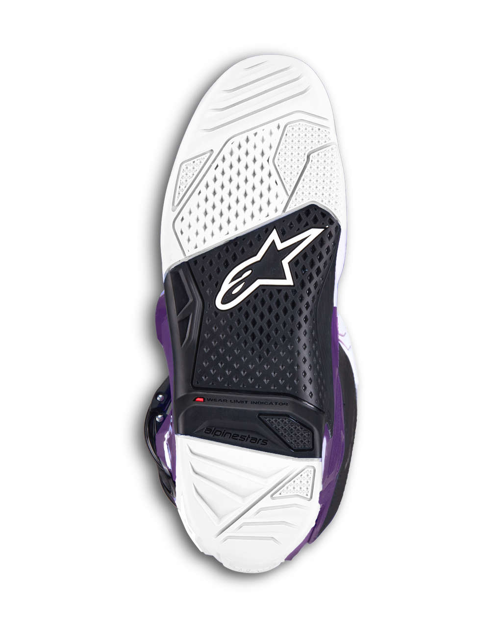 Alpinestars Tech 7 støvler, lilla motocross-støvler, undersiden af sålen viser hvid og sort dobbeltkomponent vulkaniseret gummi, med Alpinestars-logo og en synlig rød slidgrænseindikator for off-road ydeevne.
