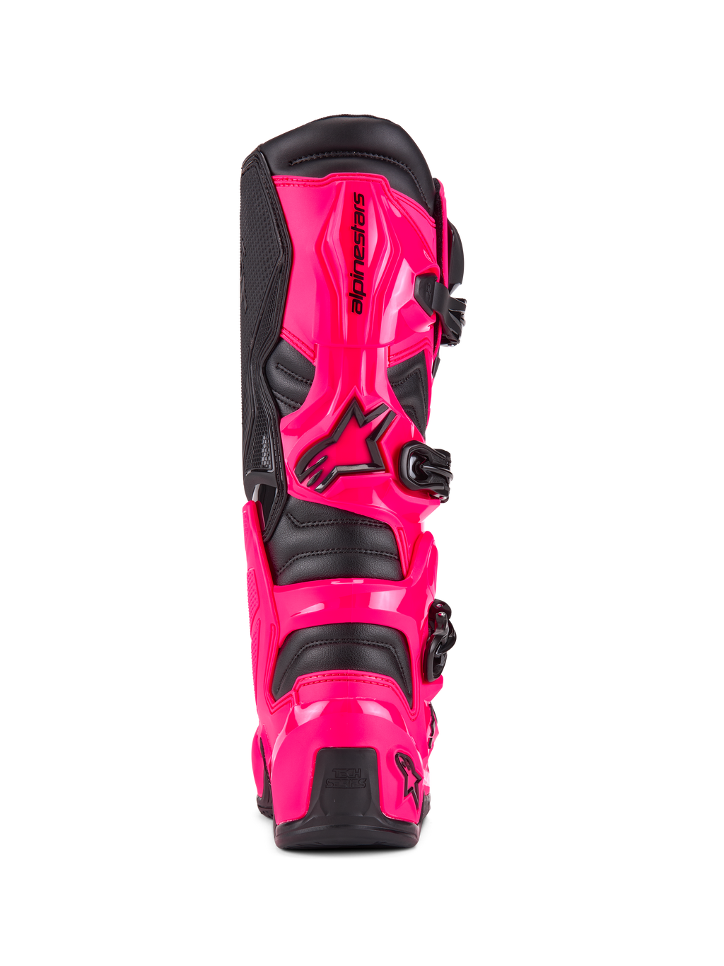 Alpinestars Tech 7 støvler, motocross-støvler, Diva Pink og sort, set bagfra med slagfast TPU-beskyttelse af hæl og læg, sort spændesystem, holdbar konstruktion til terrænkørsel