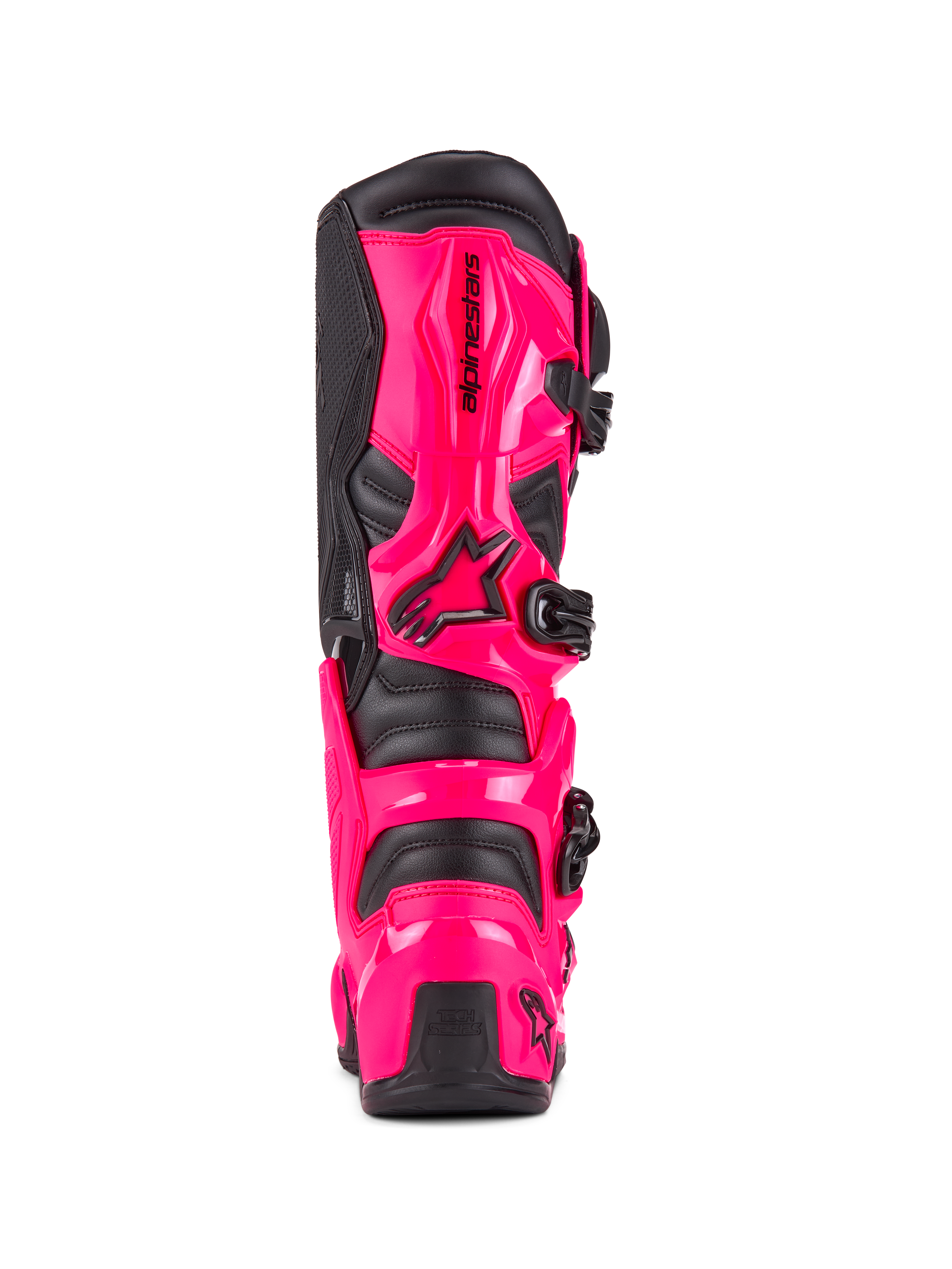 Alpinestars Tech 7 støvler, motocross-støvler, Diva Pink og sort, set bagfra med slagfast TPU-beskyttelse af hæl og læg, sort spændesystem, holdbar konstruktion til terrænkørsel