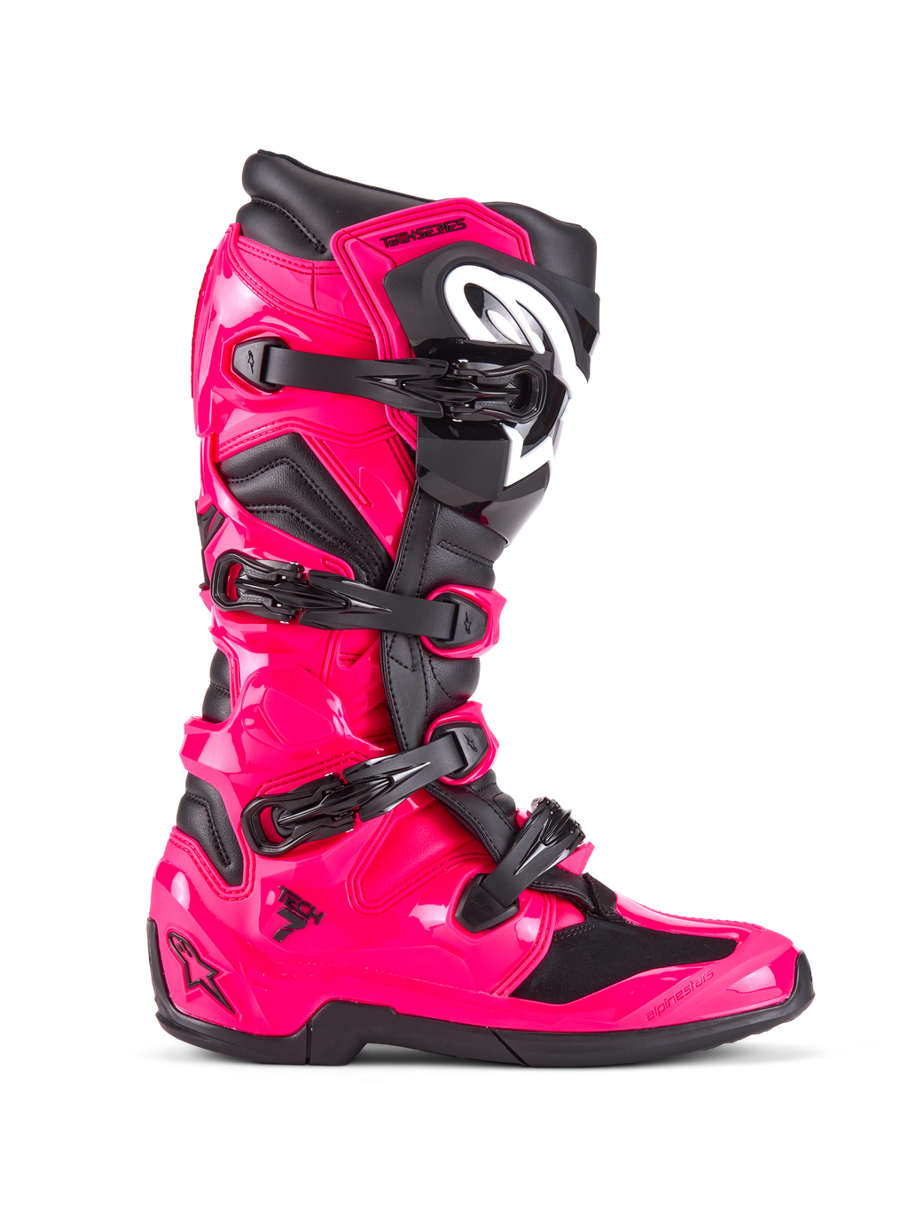 Alpinestars Tech 7 støvler, motocross off-road støvler, Diva Pink og sort, blank lyserød TPU-skal med sorte detaljer, fire justerbare sorte spænder, forstærket skinnebensbeskytter, professionelt racerfodtøj