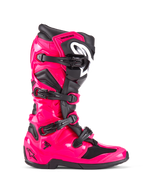 Alpinestars Tech 7 støvler, motocross off-road støvler, Diva Pink og sort, blank lyserød TPU-skal med sorte detaljer, fire justerbare sorte spænder, forstærket skinnebensbeskytter, professionelt racerfodtøj