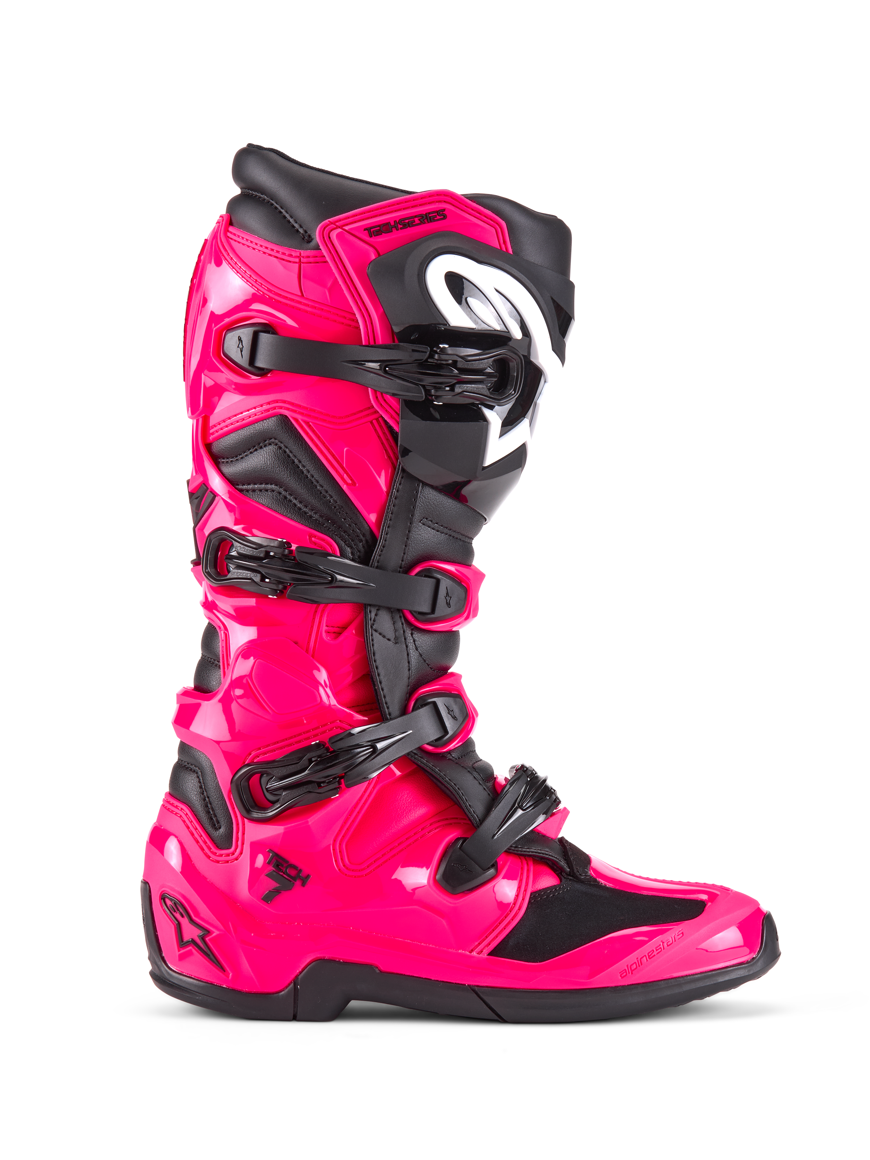 Alpinestars Tech 7 støvler, motocross off-road støvler, Diva Pink og sort, blank lyserød TPU-skal med sorte detaljer, fire justerbare sorte spænder, forstærket skinnebensbeskytter, professionelt racerfodtøj