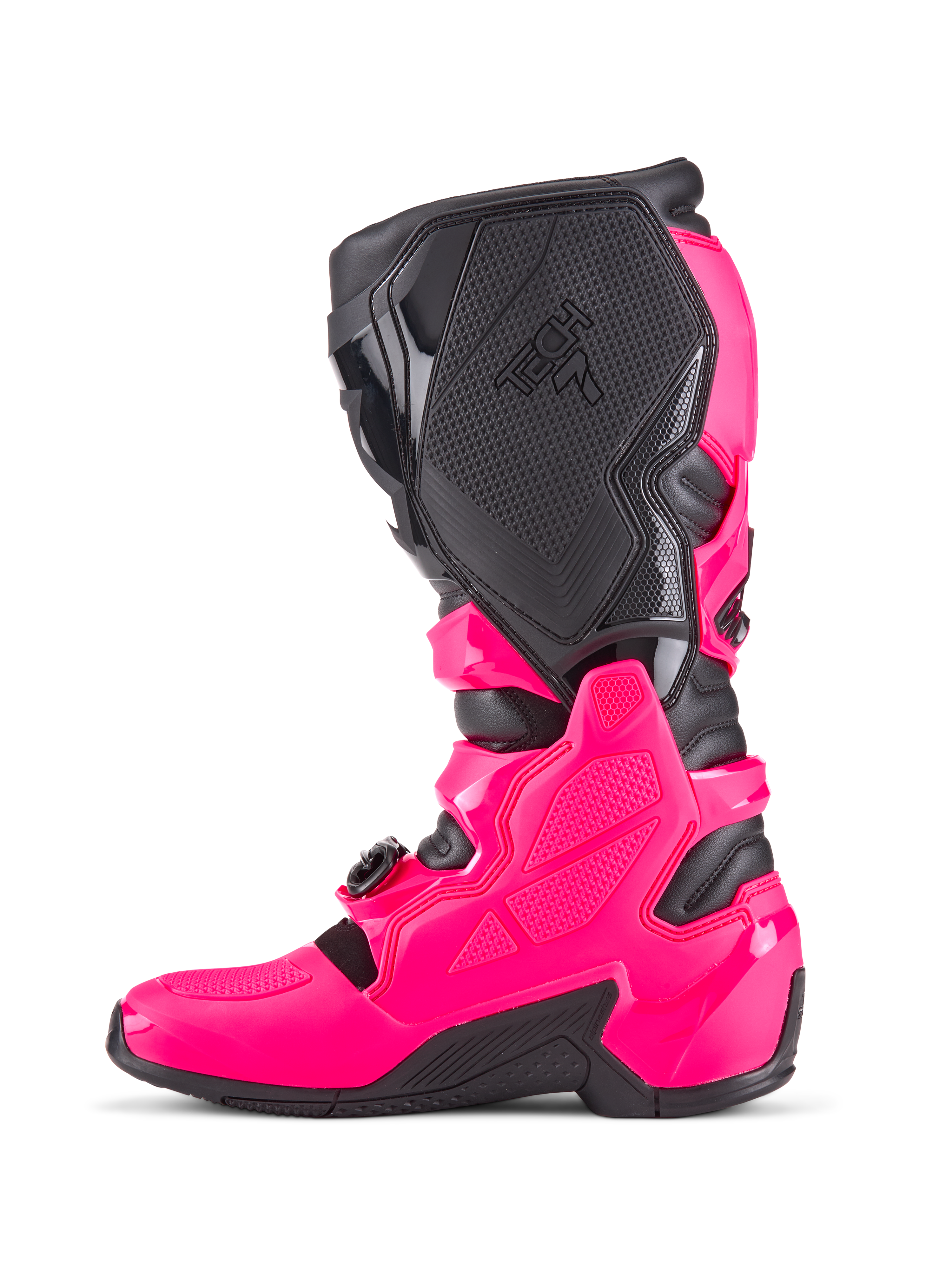 Alpinestars Tech 7 motocross-støvler, Diva Pink og sort, sideprofil med beskyttende TPU-skal, teksturerede mediale grippaneler med Tech 7-branding og robust sort sål, højtydende off-road racing-fodtøj