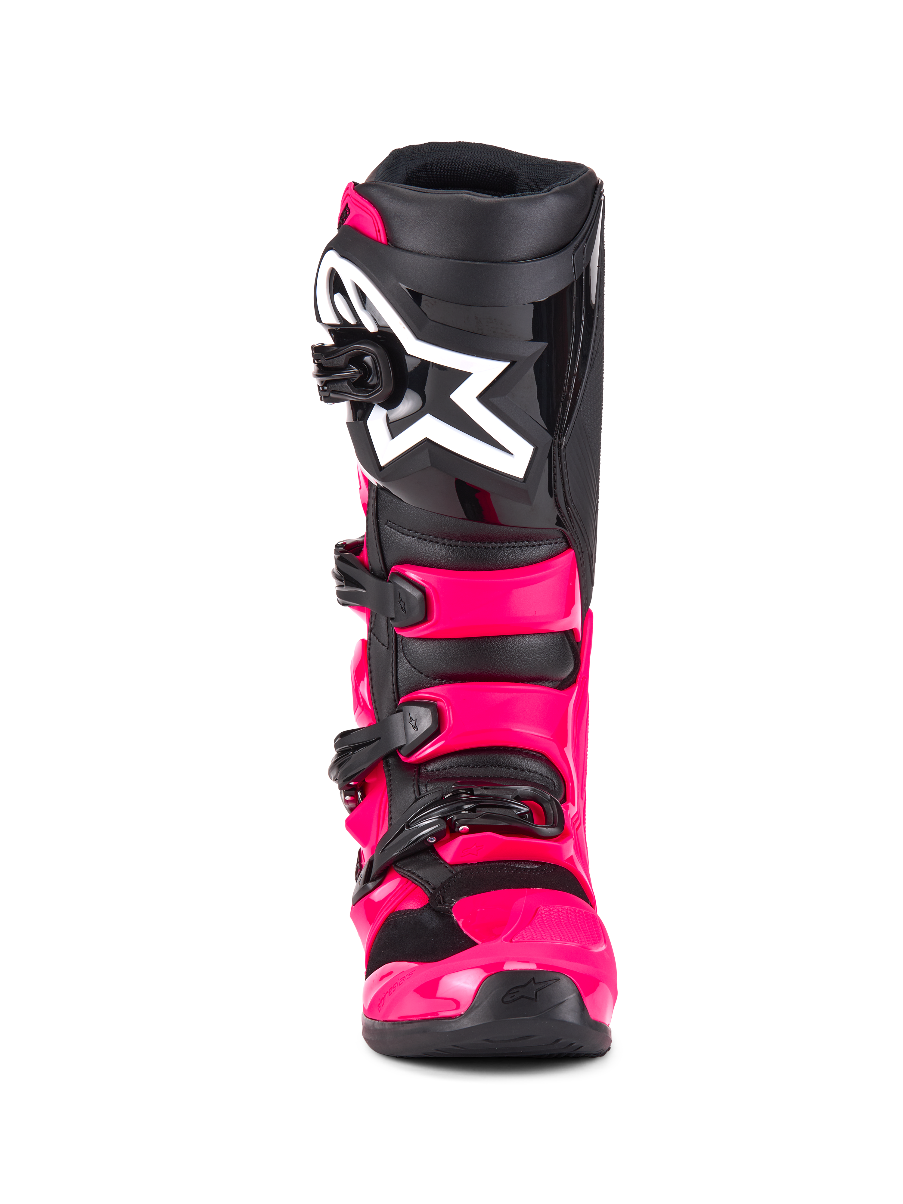 Alpinestars Tech 7 støvler, motocross-støvler, Diva Pink Black, set forfra, med en kraftig pink TPU-skal og stropper, sort skinnebensplade med et stort hvidt Alpinestars-stjernelogo og sikre sorte spænder.