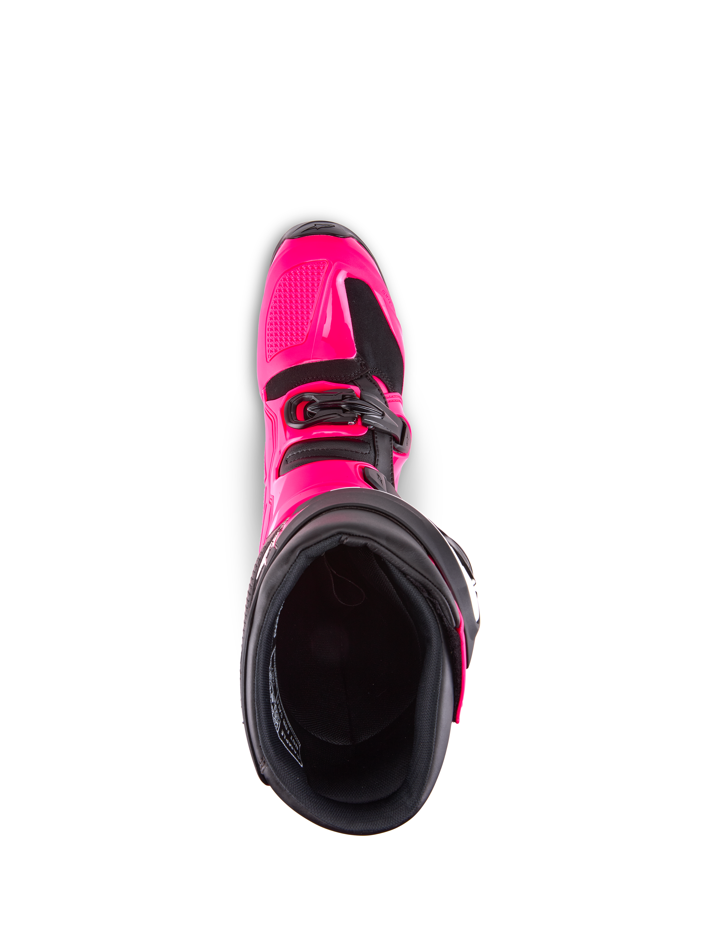 Alpinestars Tech 7 støvler, motocross-støvler, Diva Pink og sort, set oppefra med kig ind i det indvendige for, viser den lyserøde TPU-yderskal og spændedetaljer, konstrueret til off-road ydeevne