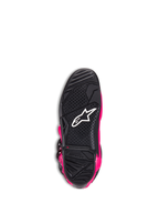 Alpinestars Tech 7 støvler, motocross-støvler, Diva Pink og sort, undersiden af ydersålen viser den sorte teksturerede gummisål, hvidt Alpinestars-logo og slidgrænseindikator, højtydende off-road fodtøj