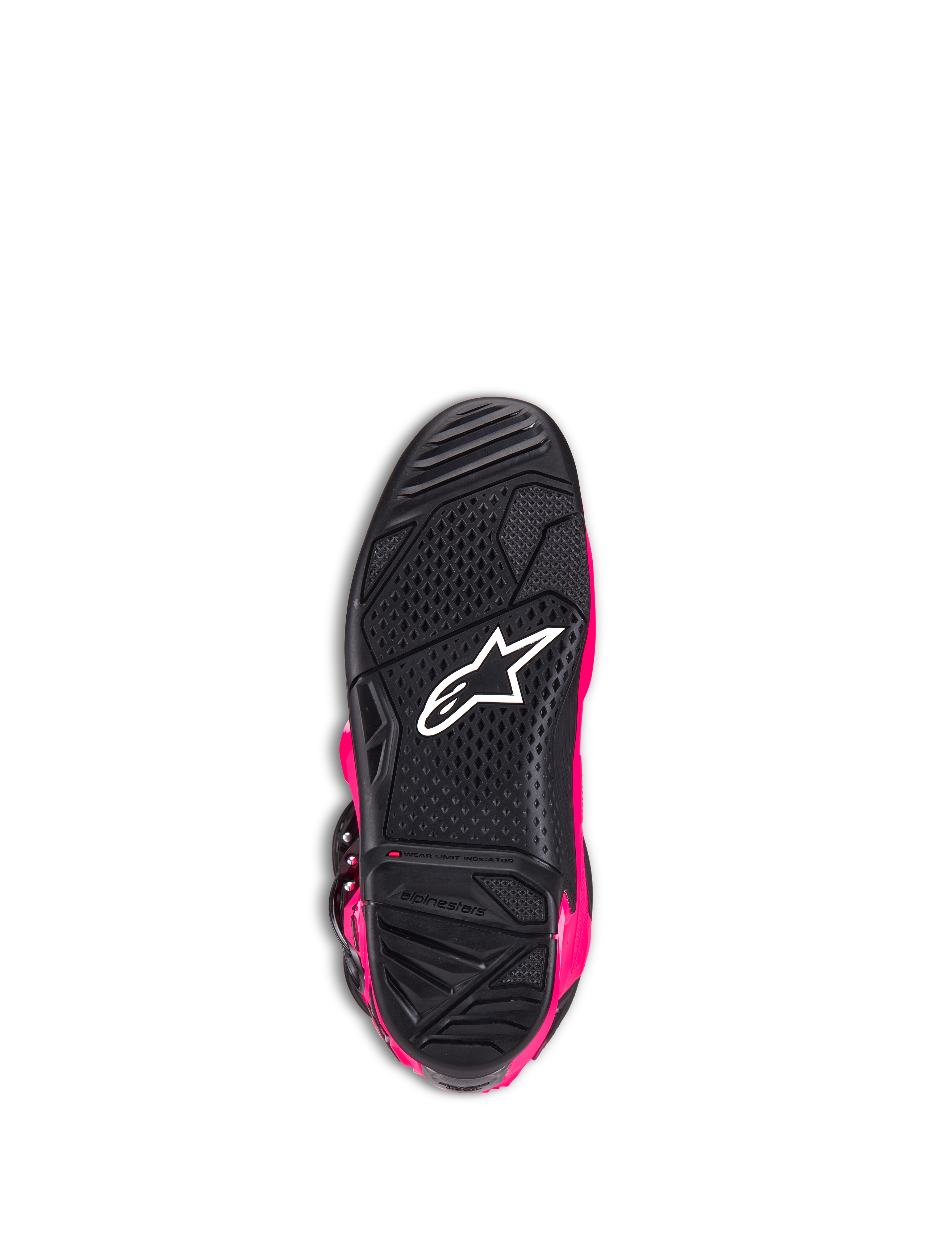 Alpinestars Tech 7 støvler, motocross-støvler, Diva Pink og sort, undersiden af ydersålen viser den sorte teksturerede gummisål, hvidt Alpinestars-logo og slidgrænseindikator, højtydende off-road fodtøj
