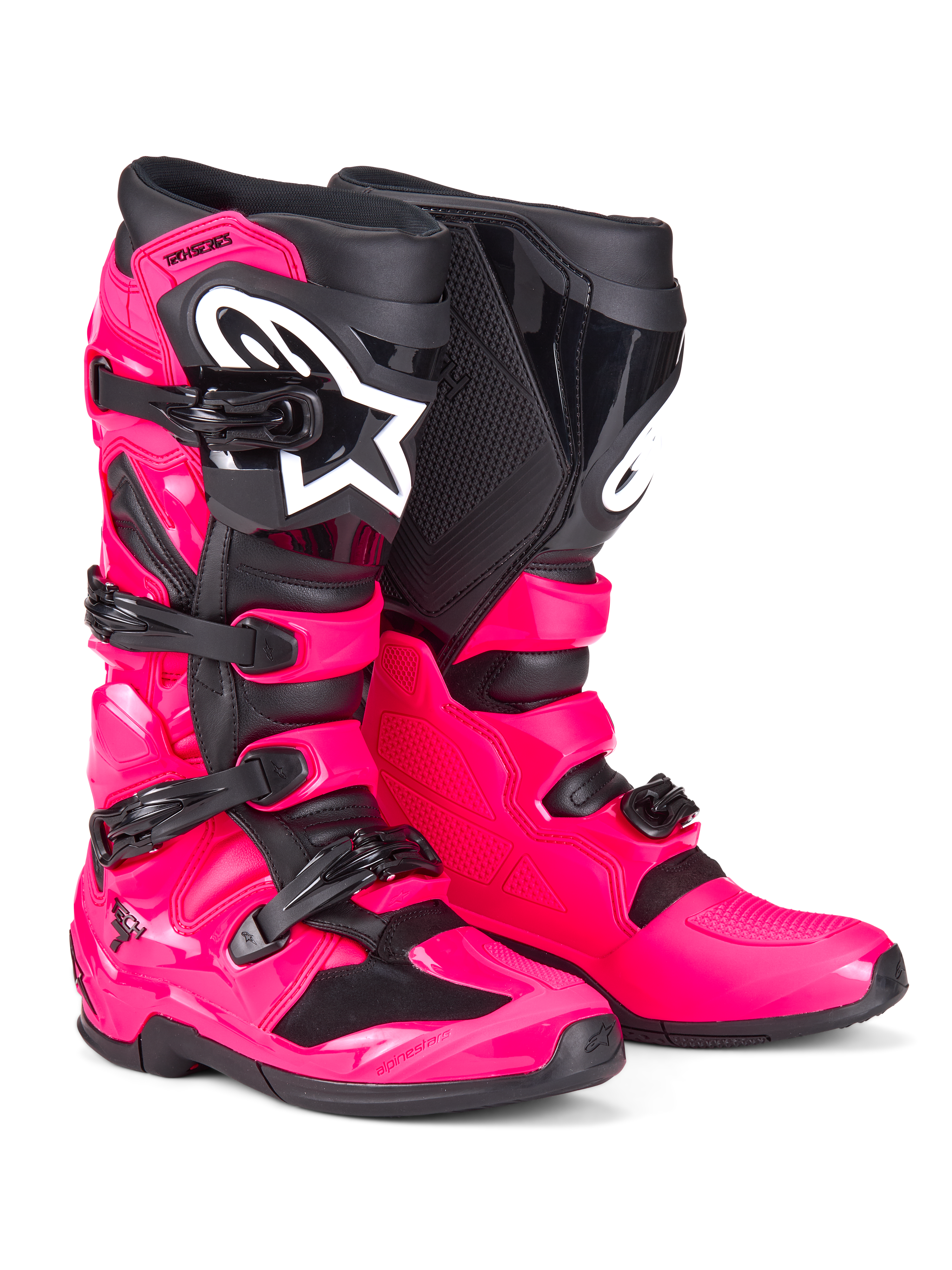 Alpinestars Tech 7-støvler, motocross-støvler, Diva Pink og sort, med en robust TPU-skal, lukkesystem med fire spænder og et hvidt Alpinestars-logo, højtydende off-road fodtøj
