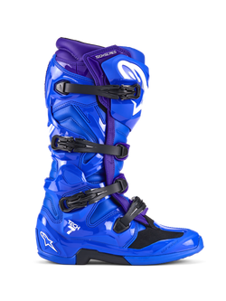 Alpinestars Tech 7 Boots, Motocross Boots, Blue and Purple, featuring four black buckles, glossy TPU protective shell with white Alpinestars logo branding, durable off-road racing footwear