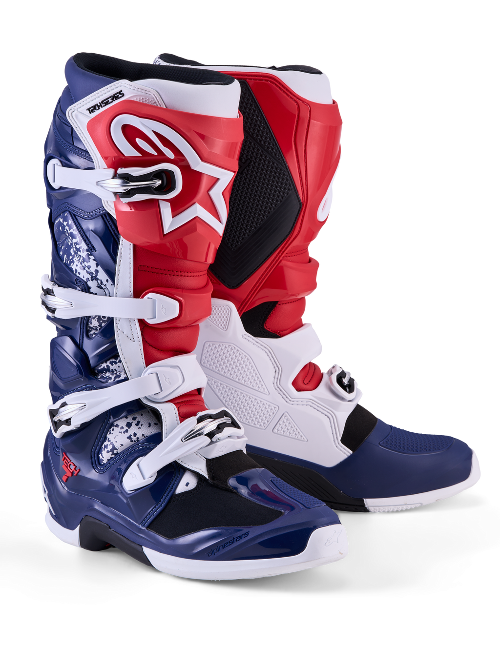 Alpinestars Tech 7 Limited Edition Unity motocrossstøvler til herrer, rød, hvid og blå med TPU-beskyttelse og spænder.