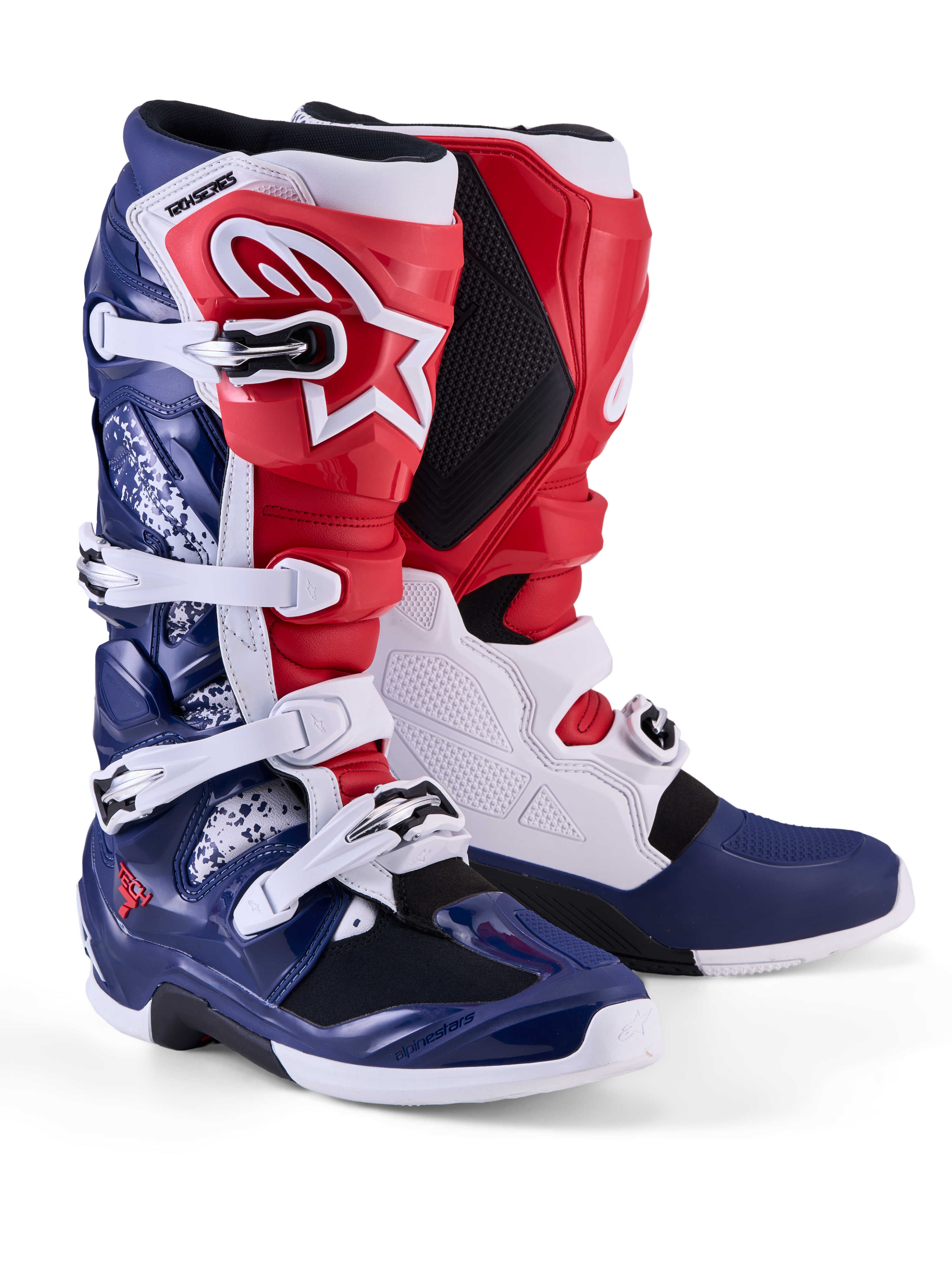 Alpinestars Tech 7 Limited Edition Unity motocrossstøvler til herrer, rød, hvid og blå med TPU-beskyttelse og spænder.