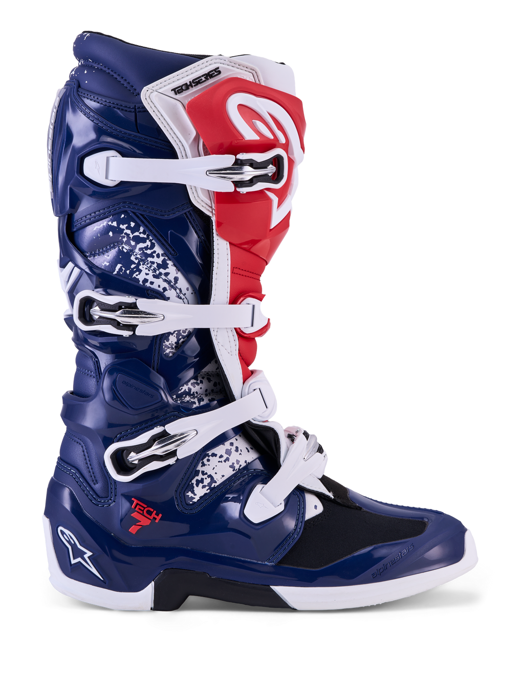Alpinestars Tech 7 Unity motocrossstøvler i rød, hvid og blå med beskyttende TPU-skal og spændelukning.