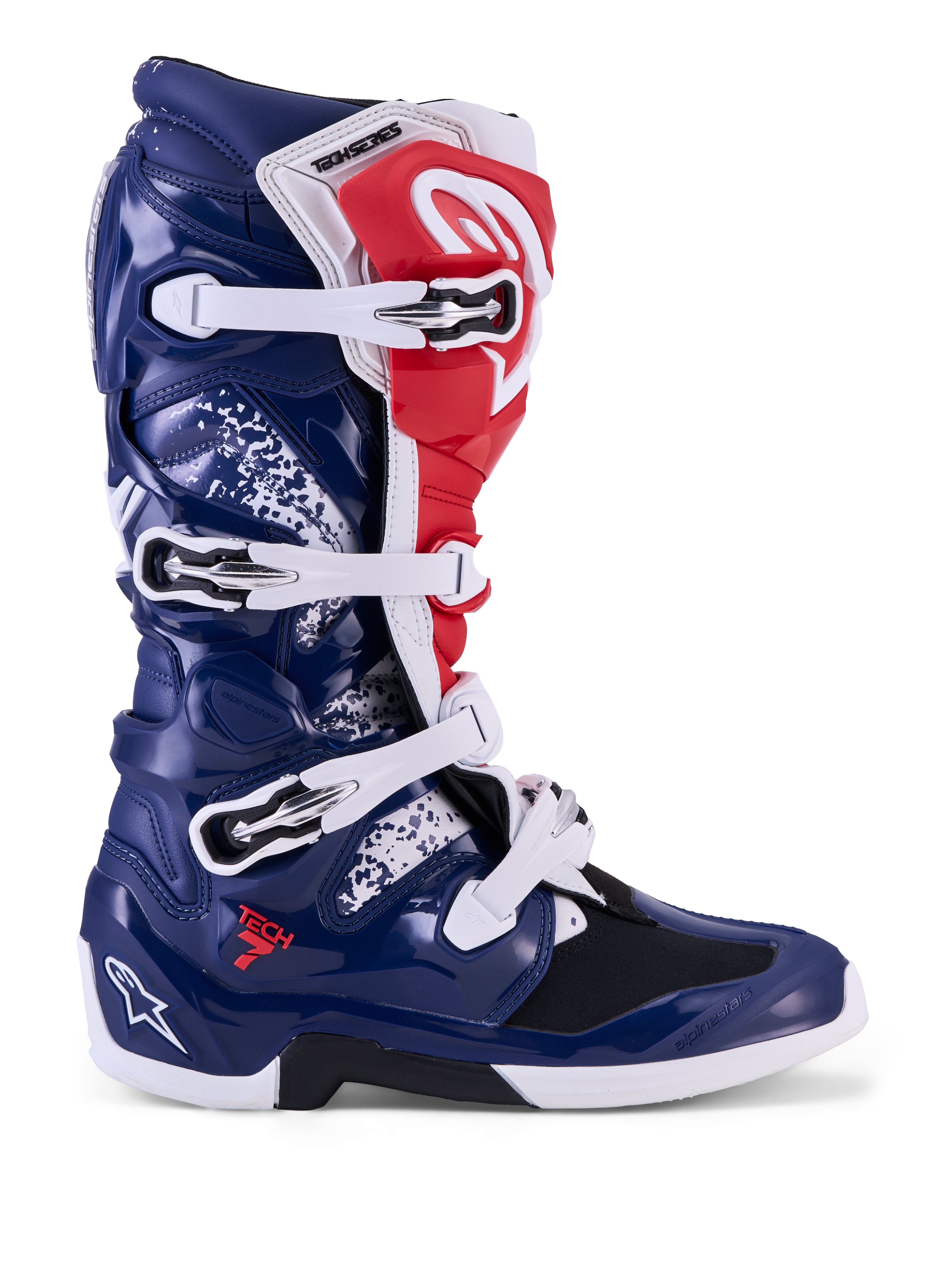 Alpinestars Tech 7 Unity motocrossstøvler i rød, hvid og blå med beskyttende TPU-skal og spændelukning.