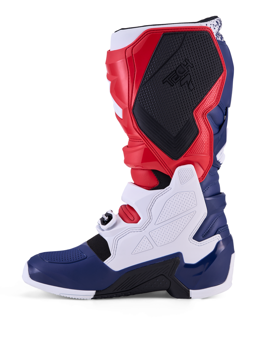 Alpinestars Limited Edition Tech 7 Unity motocrossstøvler, rød, hvid og blå, med beskyttende TPU-paneler og sikre spænder.