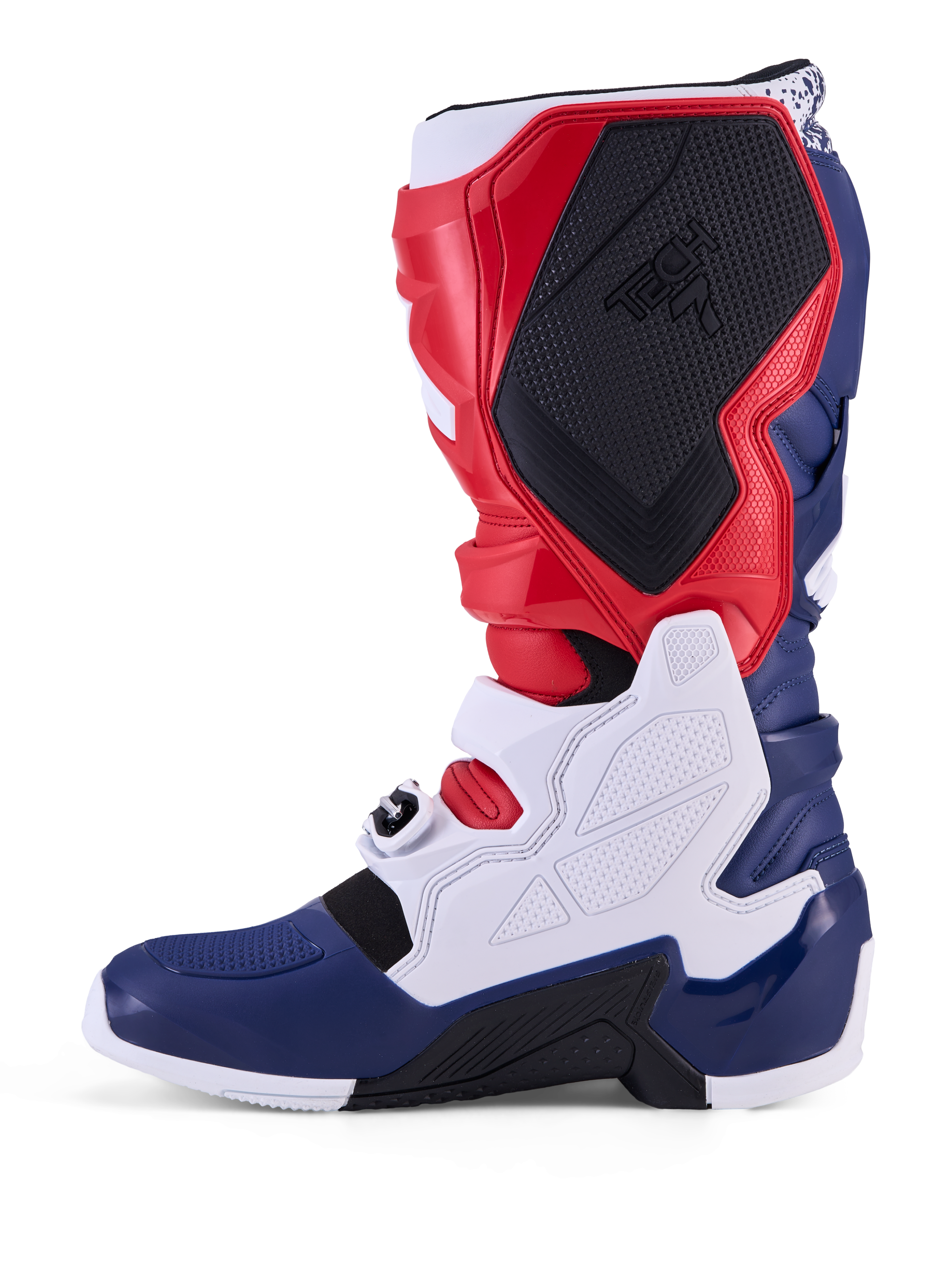 Alpinestars Limited Edition Tech 7 Unity motocrossstøvler, rød, hvid og blå, med beskyttende TPU-paneler og sikre spænder.