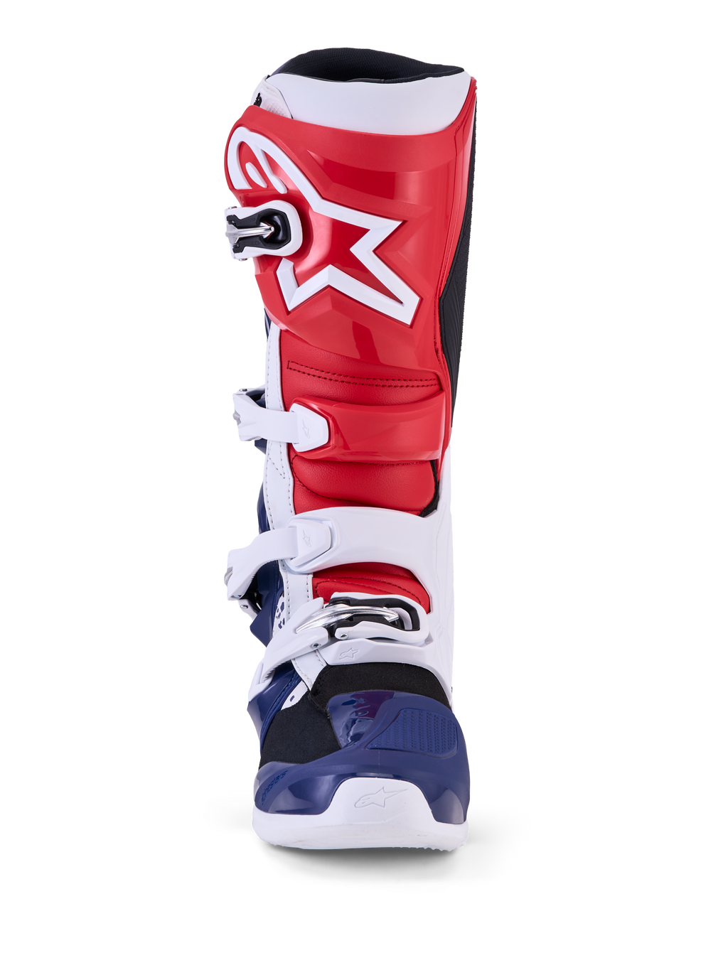 Alpinestars Tech 7 Unity Limited Edition motocrossstøvler, rød, hvid og blå, med beskyttende TPU-konstruktion.