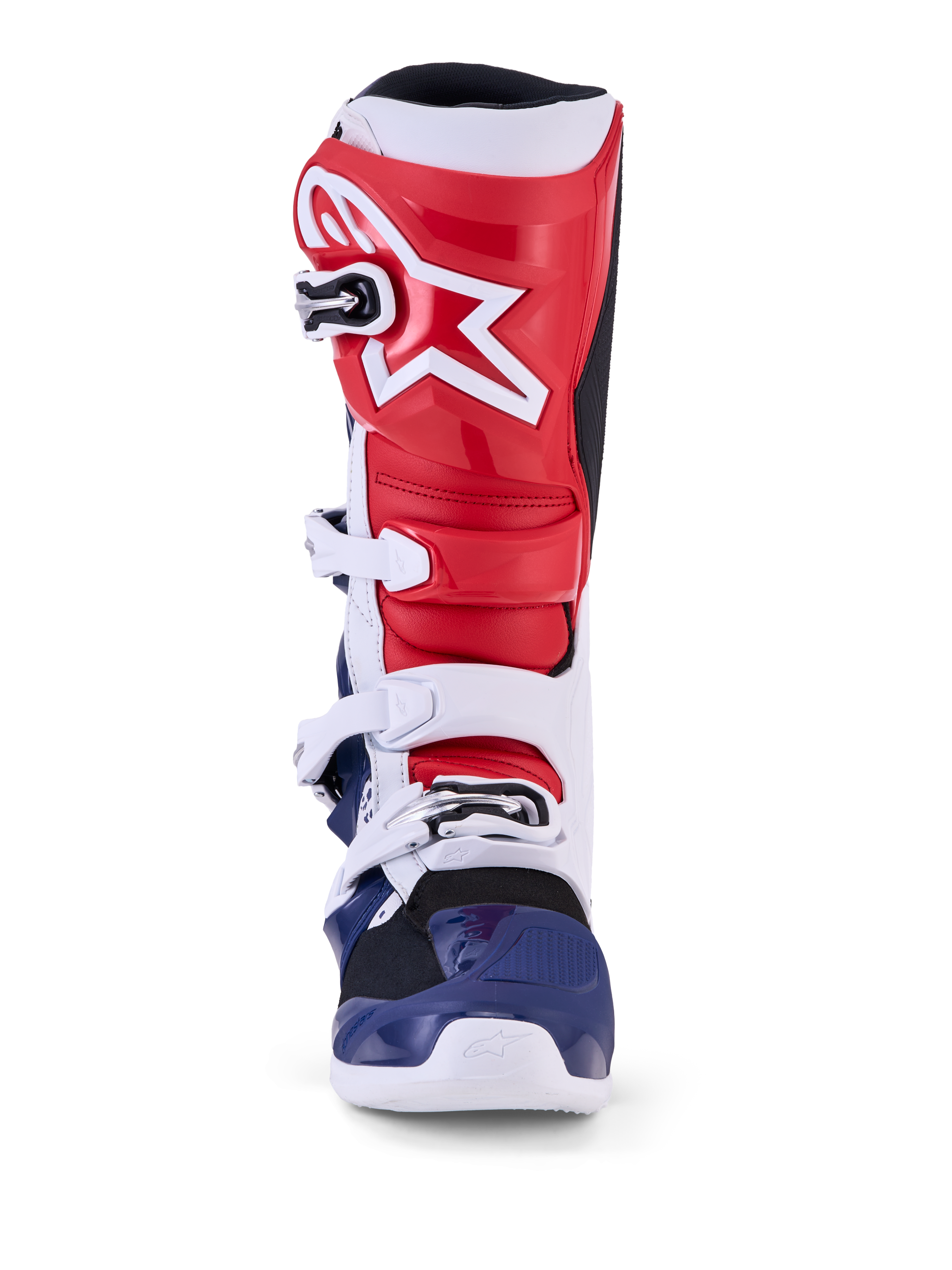 Alpinestars Tech 7 Unity Limited Edition motocrossstøvler, rød, hvid og blå, med beskyttende TPU-konstruktion.