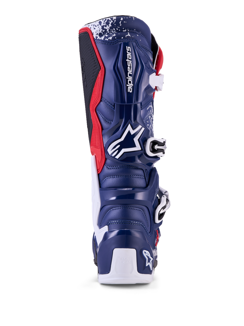 Alpinestars Tech 7 Limited Edition Unity motocrossstøvler, blå, hvid og rød, set bagfra med beskyttende TPU-skal.