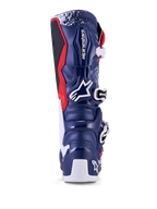 Alpinestars Tech 7 Limited Edition Unity motocrossstøvler, blå, hvid og rød, set bagfra med beskyttende TPU-skal.