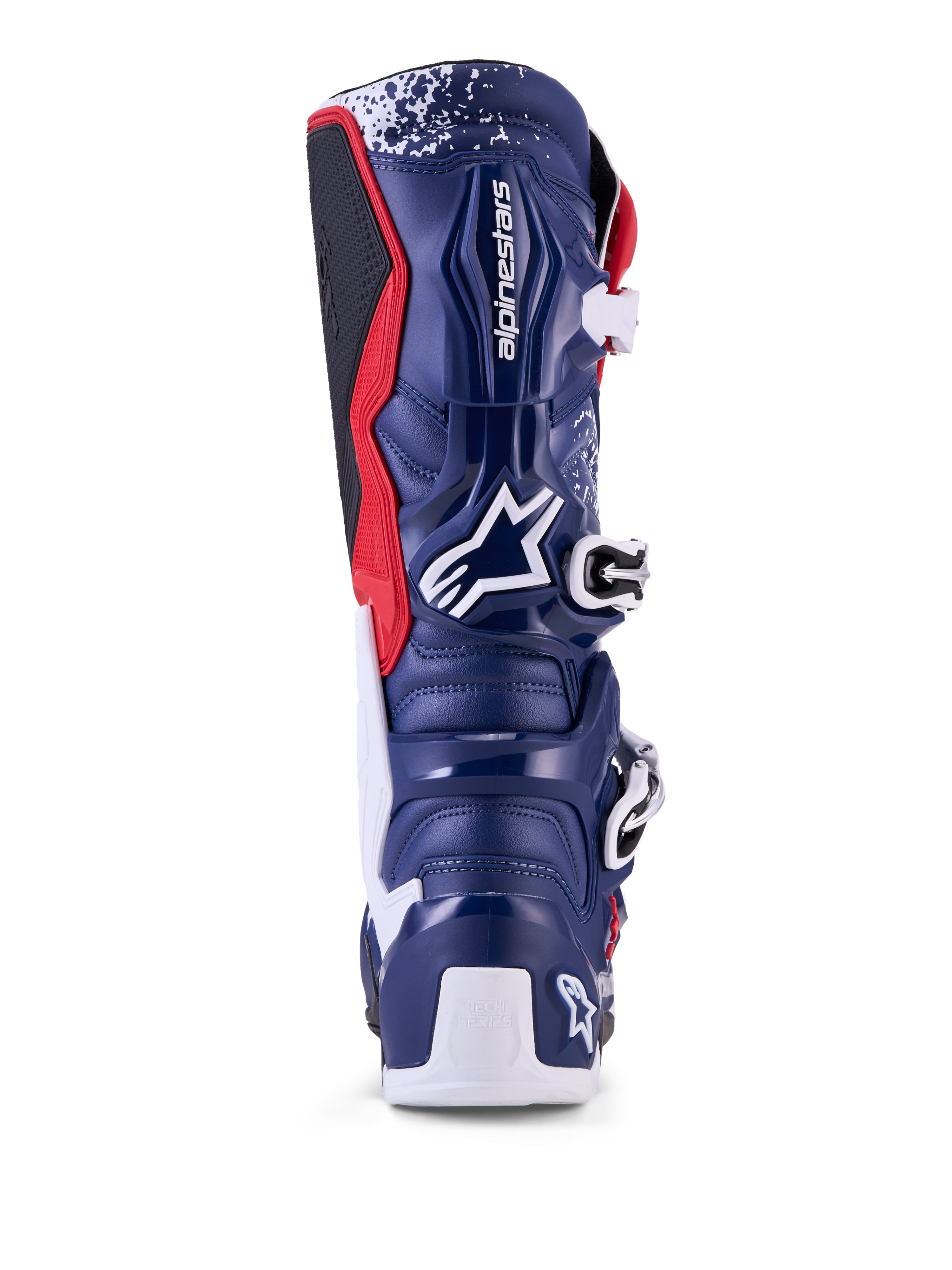 Alpinestars Tech 7 Limited Edition Unity motocrossstøvler, blå, hvid og rød, set bagfra med beskyttende TPU-skal.