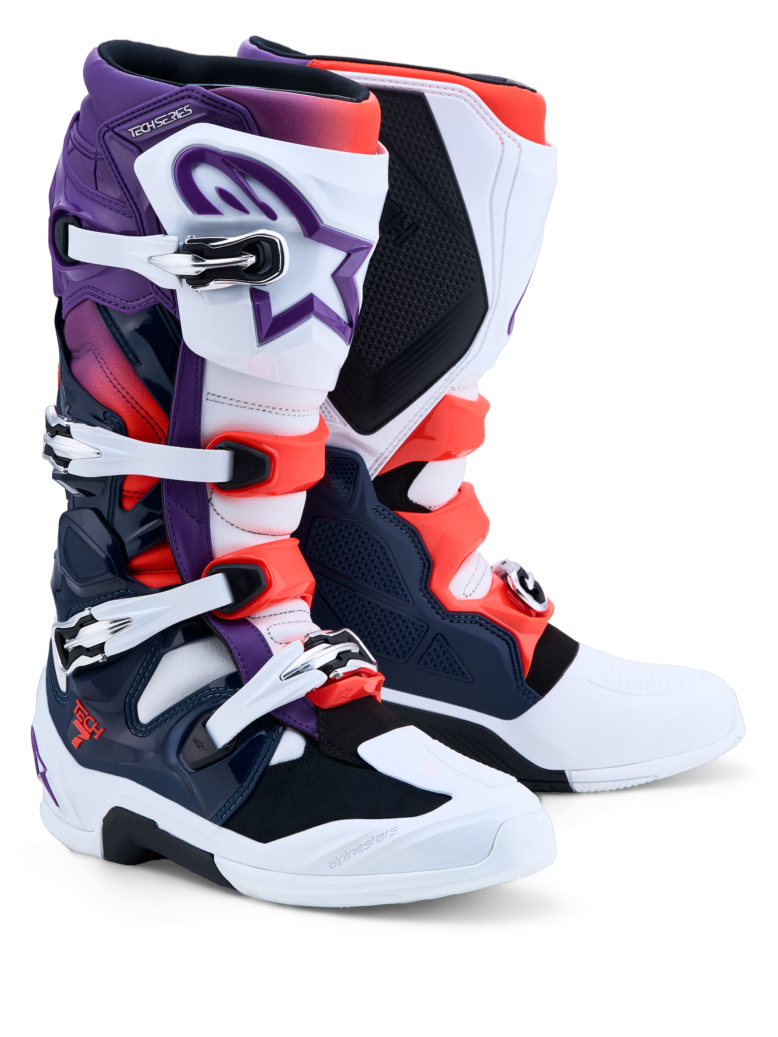Alpinestars Tech 7 Boots, Men's Motocross Boots, Purple, White, Dark Blue and Red Fluo, CE Certified with TPU protection.