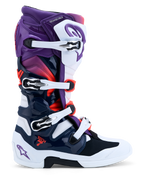 Alpinestars Tech 7 Motocross Boots in purple, white, and dark blue, with dual pivot system and CE-certified protection.