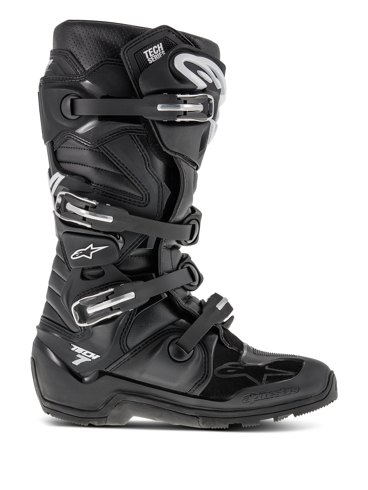 Alpinestars Tech 7 Enduro støvler, sorte motocross-støvler, med fire justerbare spænder og et forstærket TPU-chassis, robust mønstret sål for terrængående trækkraft, hvidt stjernelogo og Tech 7-branding, slidstærkt højtydende fodtøj til enduro- og dirt bike-kørsel