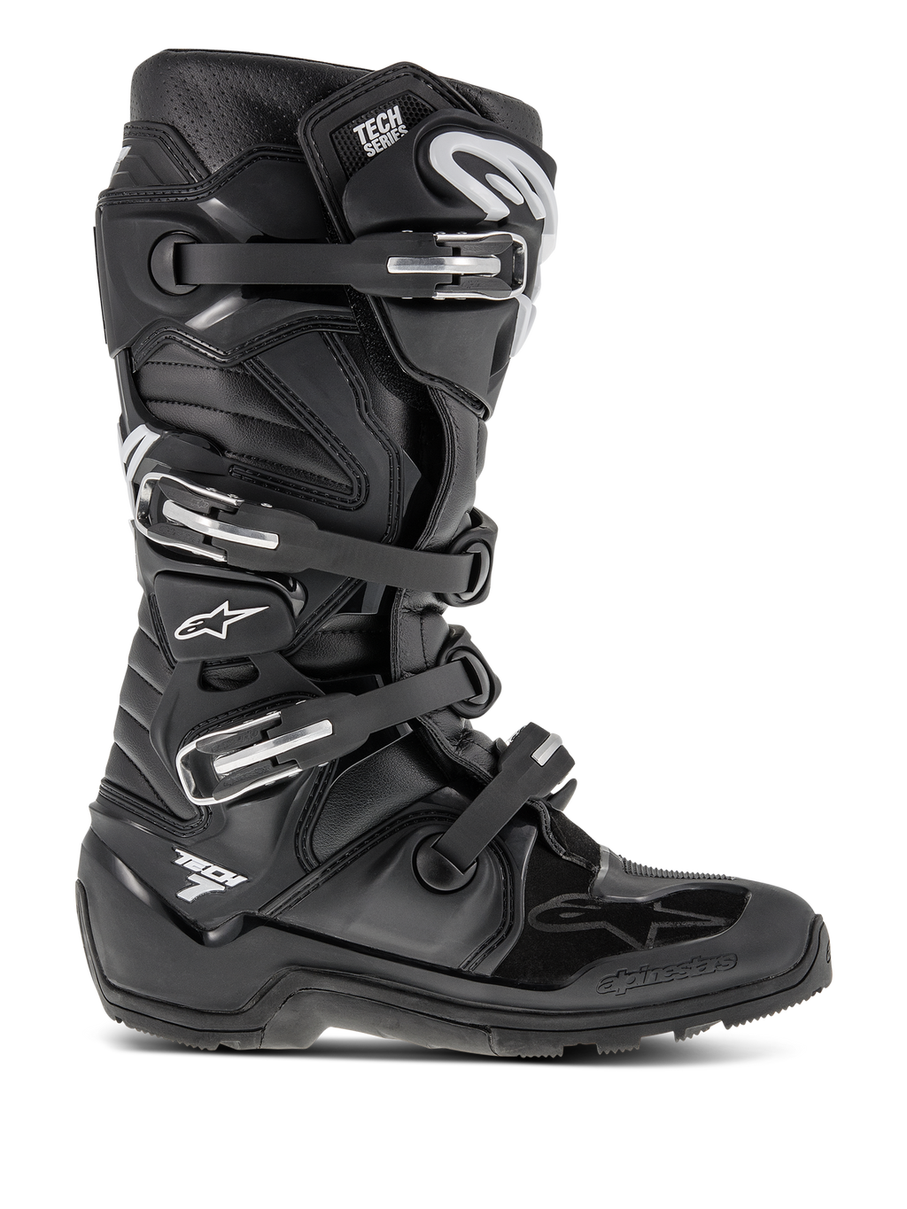 Alpinestars Tech 7 Enduro Boots, Black Motocross Boots, featuring four adjustable buckles and a reinforced TPU chassis, rugged lugged sole for off-road traction, white star logo and Tech 7 branding, durable high-performance footwear for enduro and dirt bike riding