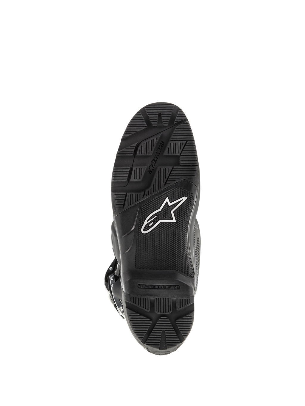 Alpinestars Tech 7 Enduro Boots, Black, bottom view of the sole, featuring a rugged tread pattern for Enduro riding, white star logo, and replaceable footpeg insert.