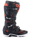 Alpinestars Tech 7 Enduro Boots, Motocross Off-Road Boots, Black and Red Fluo, four-buckle closure system with silver accents, white and black rugged sole, Alpinestars logo on toe and side, professional-grade protection for enduro and trail riding