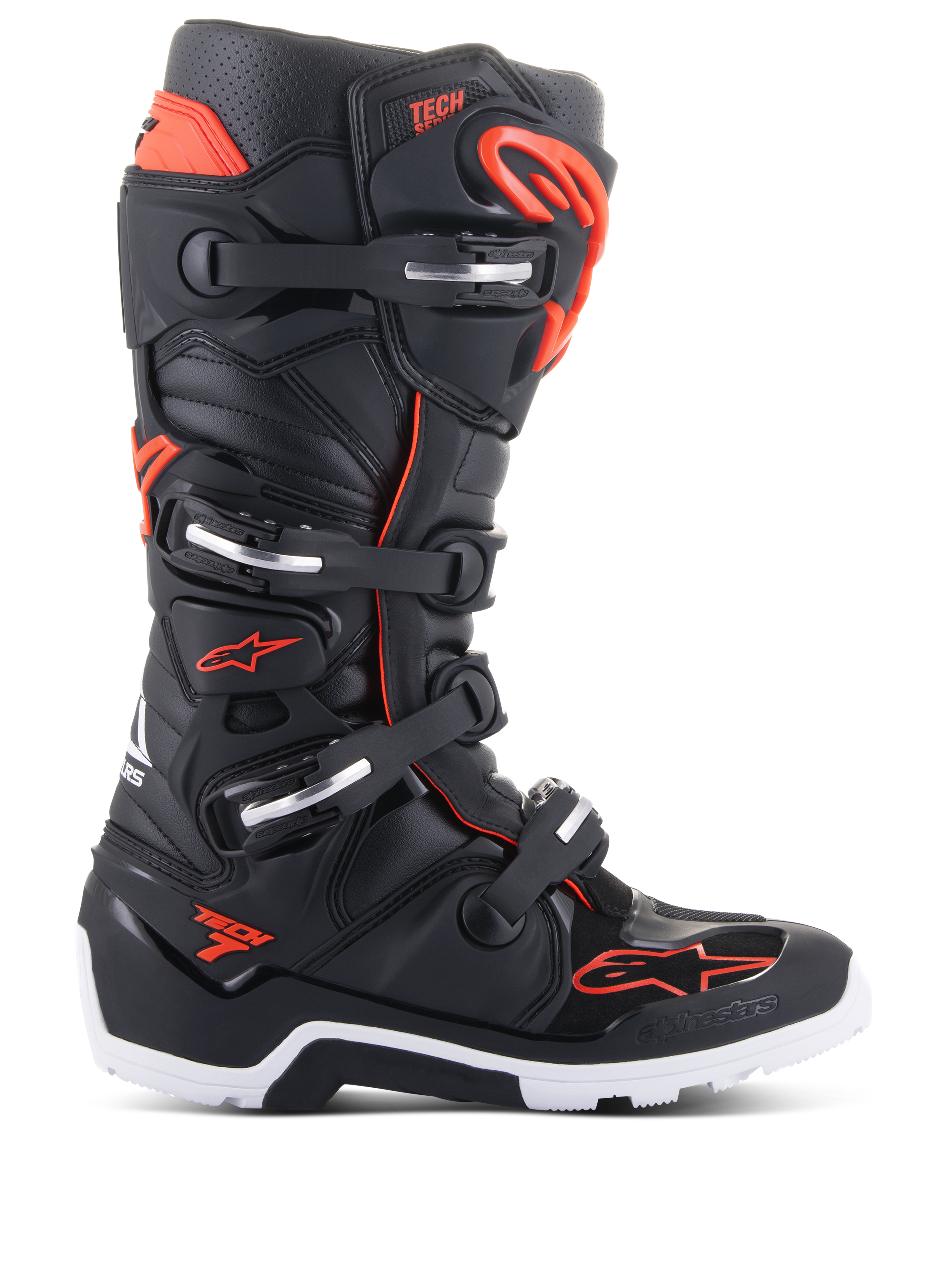 Alpinestars Tech 7 Enduro Boots, Motocross Off-Road Boots, Black and Red Fluo, four-buckle closure system with silver accents, white and black rugged sole, Alpinestars logo on toe and side, professional-grade protection for enduro and trail riding