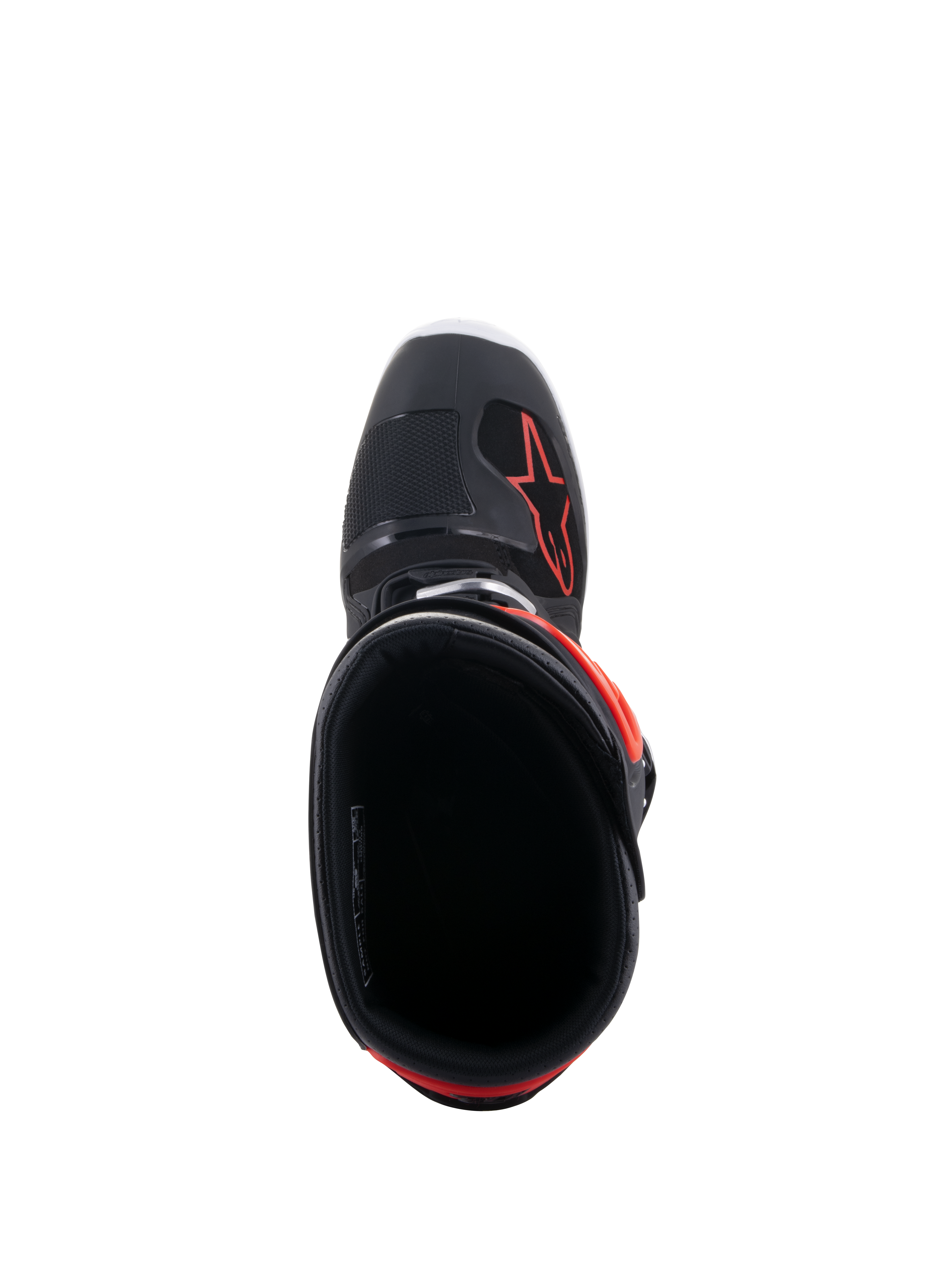 Alpinestars Tech 7 Enduro Boots, Black and Red Fluo, top-down view looking into the boot opening, featuring black interior lining and red star logo on the forefoot