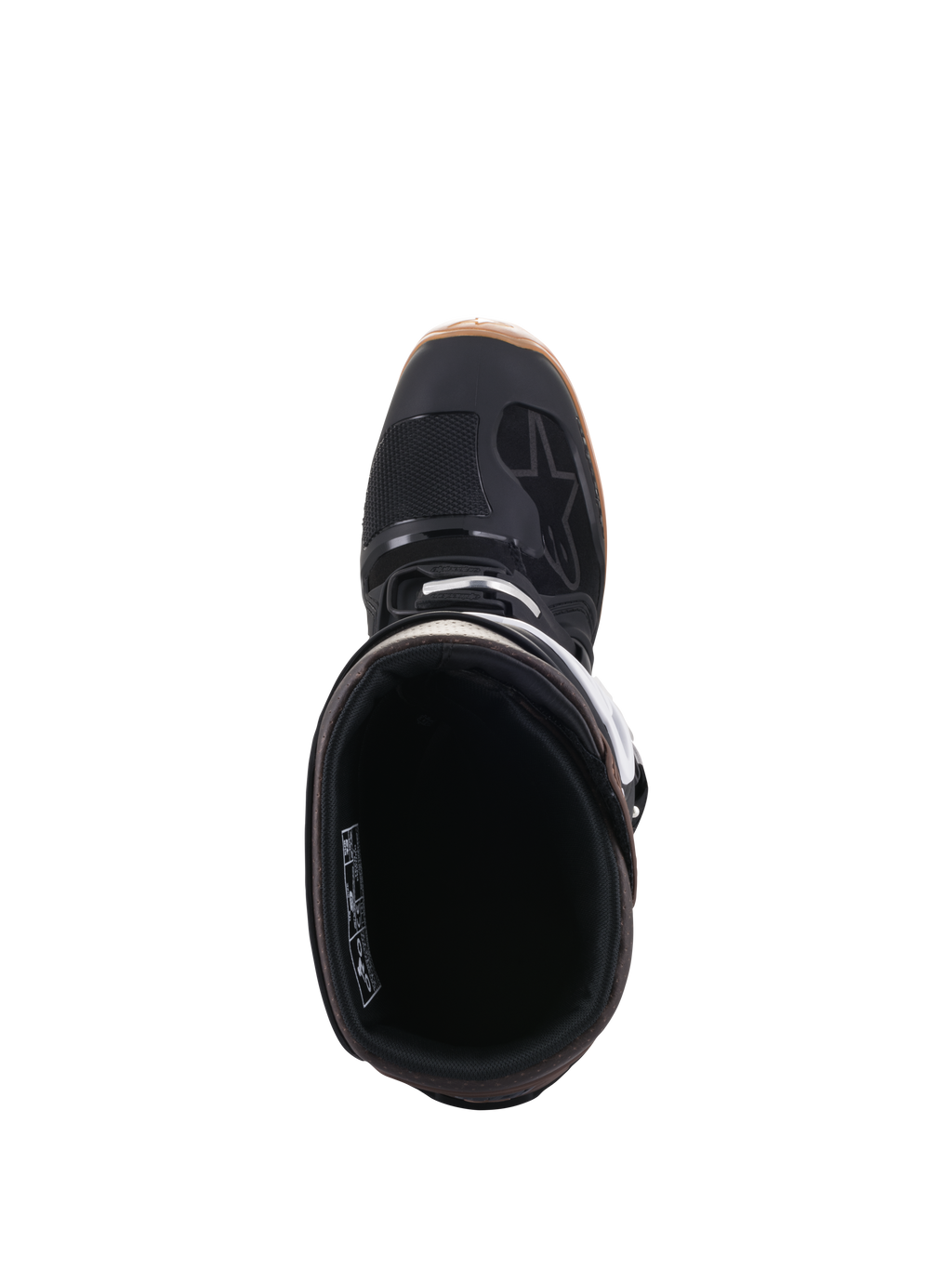 Alpinestars Tech 7 Enduro Boots, Black and Dark Brown, top-down view showing the boot opening and internal lining, featuring white buckle details and Alpinestars logo, professional off-road motorcycle footwear