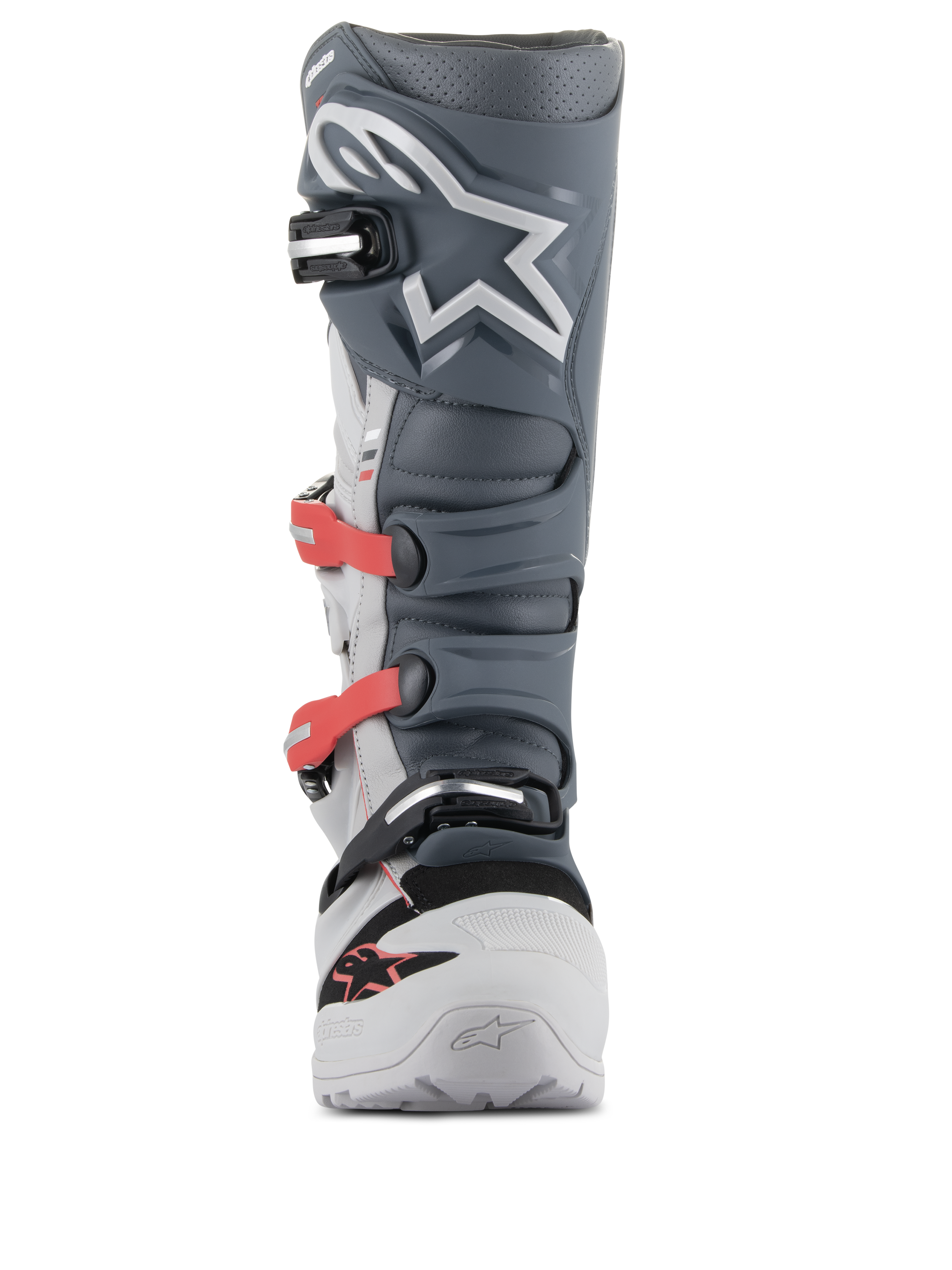 Alpinestars Tech 7 Enduro Boots, Motocross and Enduro Boots, Light Gray, Dark Gray and Bright Red, front view featuring an advanced buckle system with red straps, dark gray TPU shin plate with white star logo, and a durable light gray chassis.