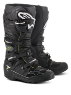 Alpinestars Tech 7 Enduro Drystar® Boots, professional motocross and enduro footwear, Black and Gray with white branding and silver buckles, rugged waterproof design with heavy-duty soles for off-road performance