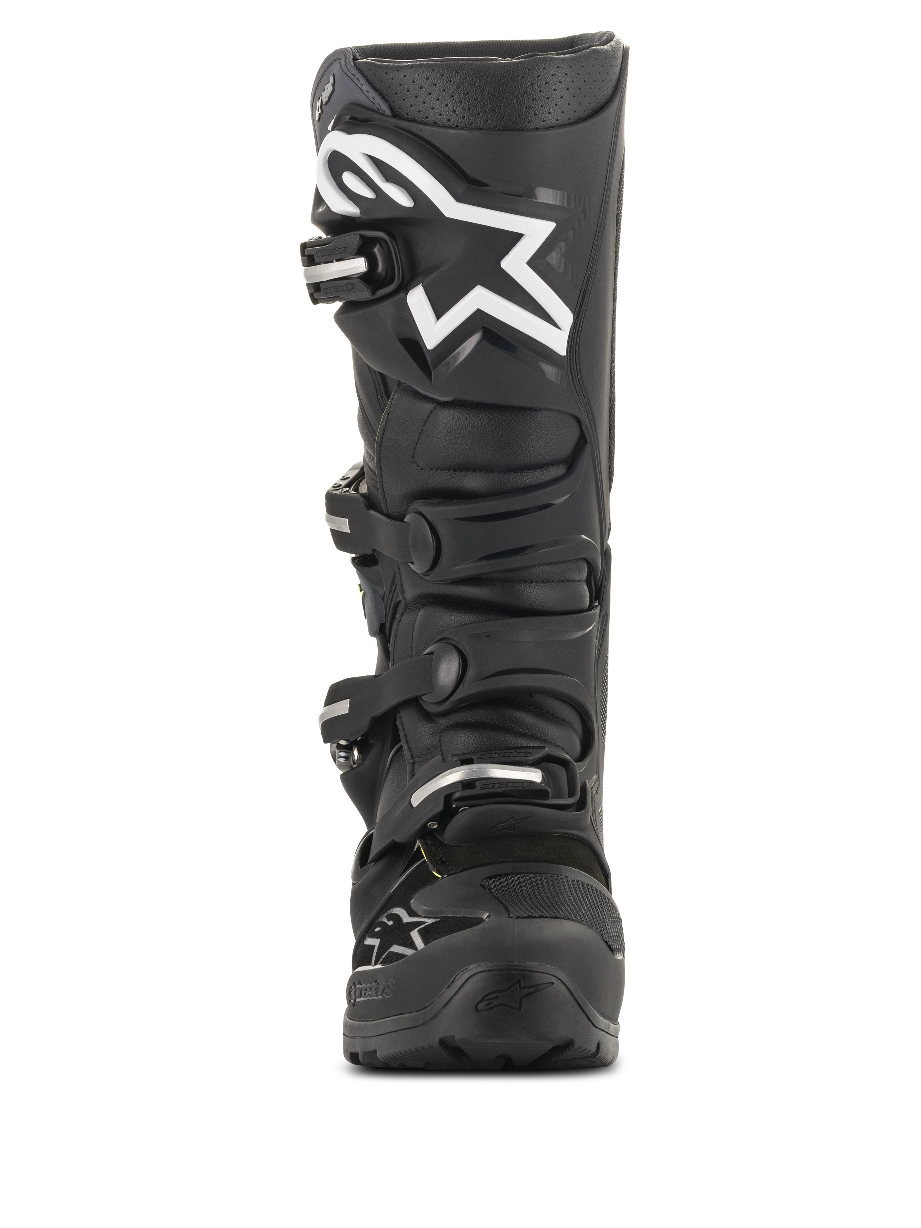 Alpinestars Tech 7 Enduro Drystar® Boots, Black Motocross Boots, front view featuring a large white star logo on the shin, four-buckle closure system, durable TPU construction for enduro and off-road riding