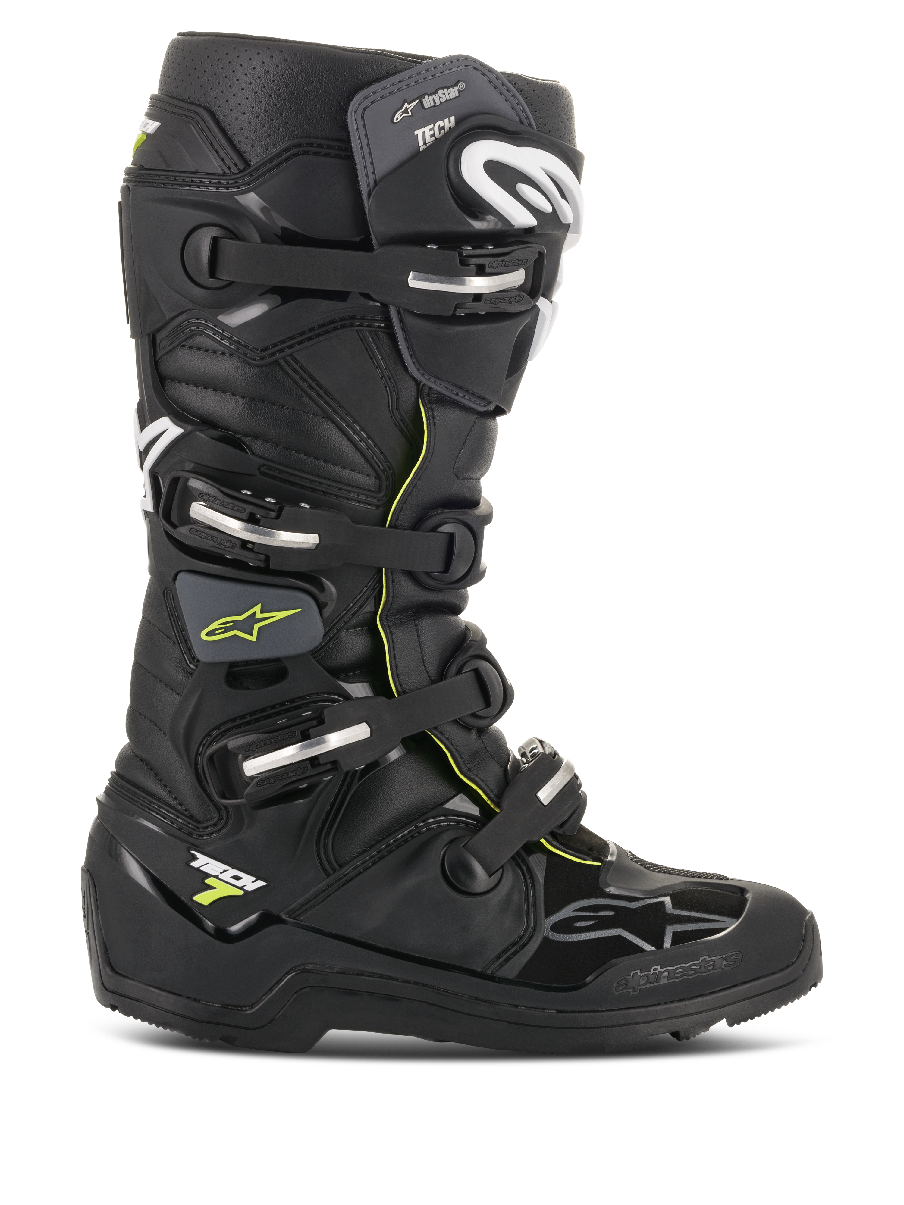 Alpinestars Tech 7 Enduro Drystar Boots, Black with Fluorescent Yellow accents, waterproof off-road motorcycle boots featuring four silver buckles, a rugged high-grip sole, and protective TPU construction for Enduro riding