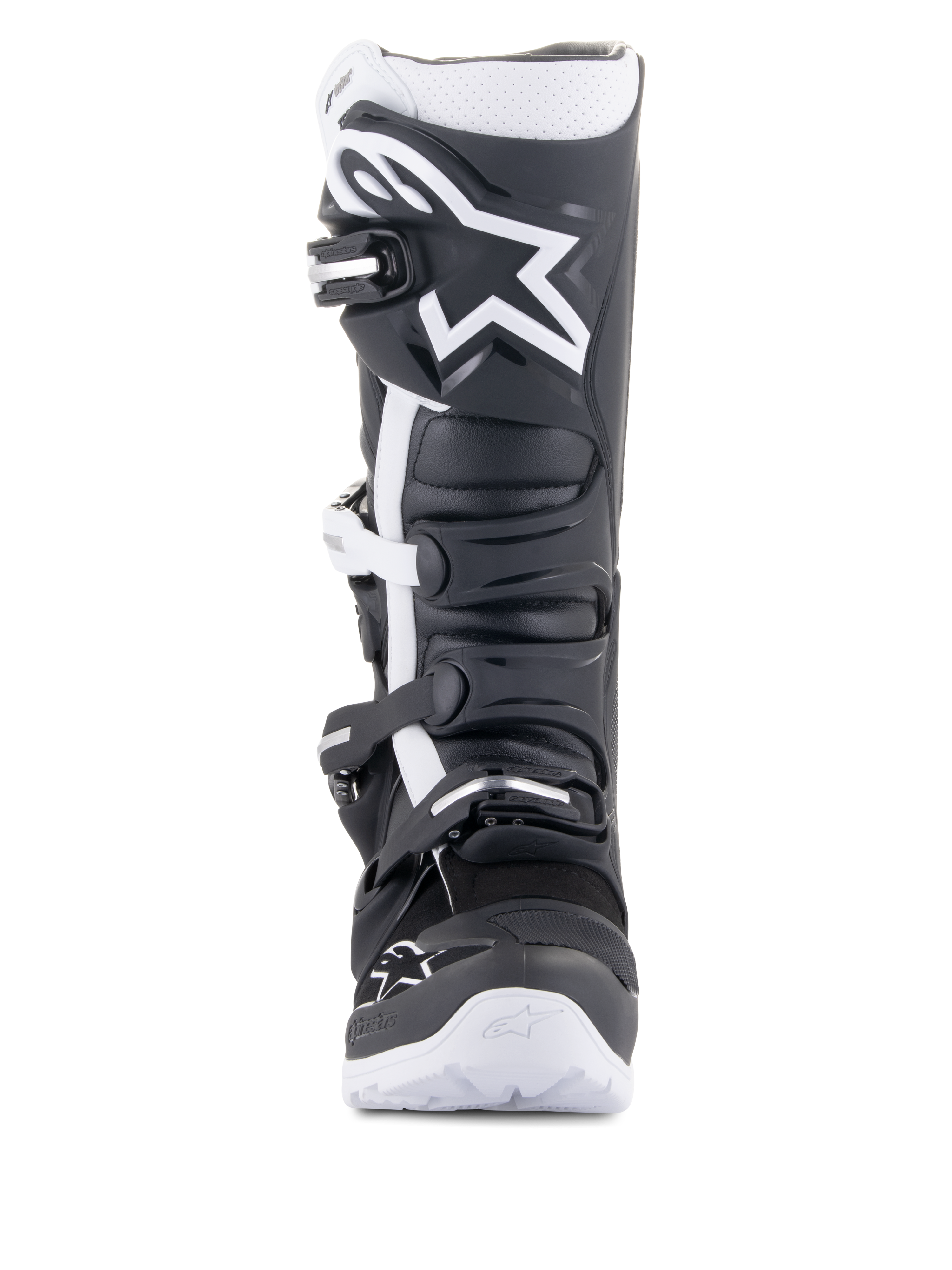 Alpinestars Tech 7 Enduro Drystar® Boots, Enduro motorcycle boots, Black and White, featuring a large white Alpinestars logo on the shin plate, four-buckle closure system, and rugged white sole, designed for off-road performance