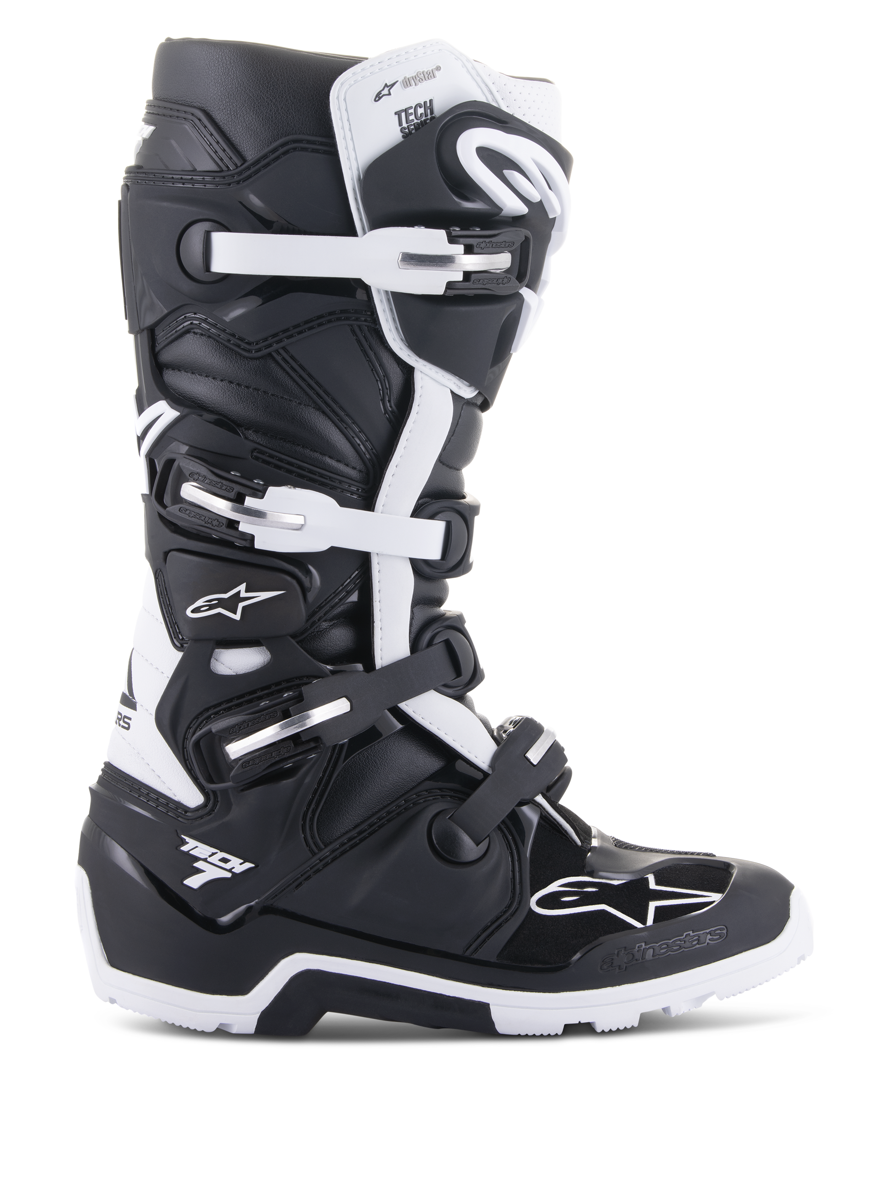 Alpinestars Tech 7 Enduro Drystar støvler, enduro- og off-road motorcykelstøvler, sort og hvid, lukkesystem med fire spænder, vandtæt Drystar-membran branding, robust sål til off-road greb, slidstærke TPU-beskyttelsespaneler med Alpinestars-logoer