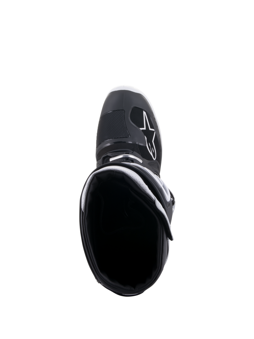 Alpinestars Tech 7 Enduro Drystar® Boots, Black and White, top-down view looking into the boot opening, featuring a white A-star logo on the toe area, white collar lining, and high-performance waterproof design for enduro riding