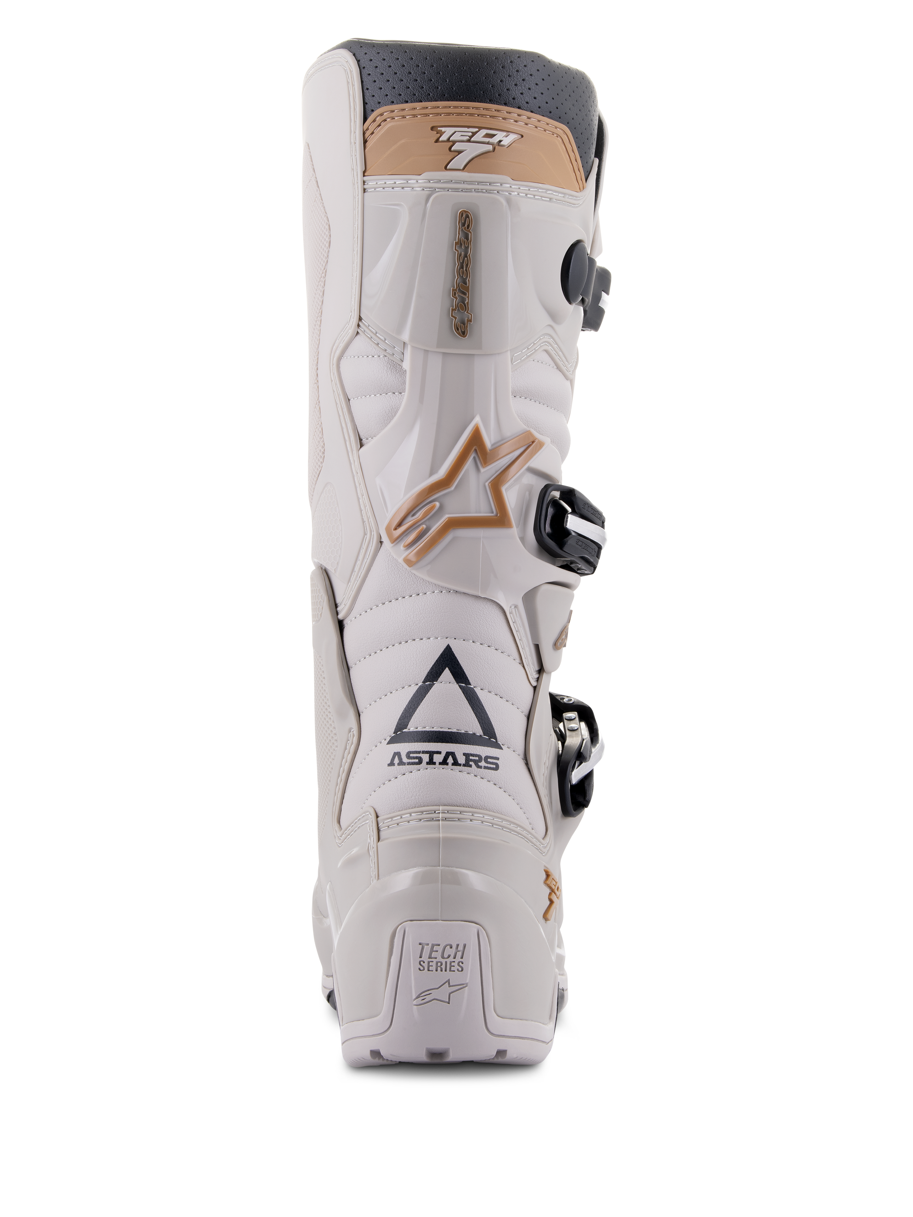 Alpinestars Tech 7 Enduro Drystar® Boots, Gray Sand, rear view highlighting the ASTARS branding and TECH SERIES heel plate, light gray TPU chassis with tan accents and black buckles, engineered for enduro riding