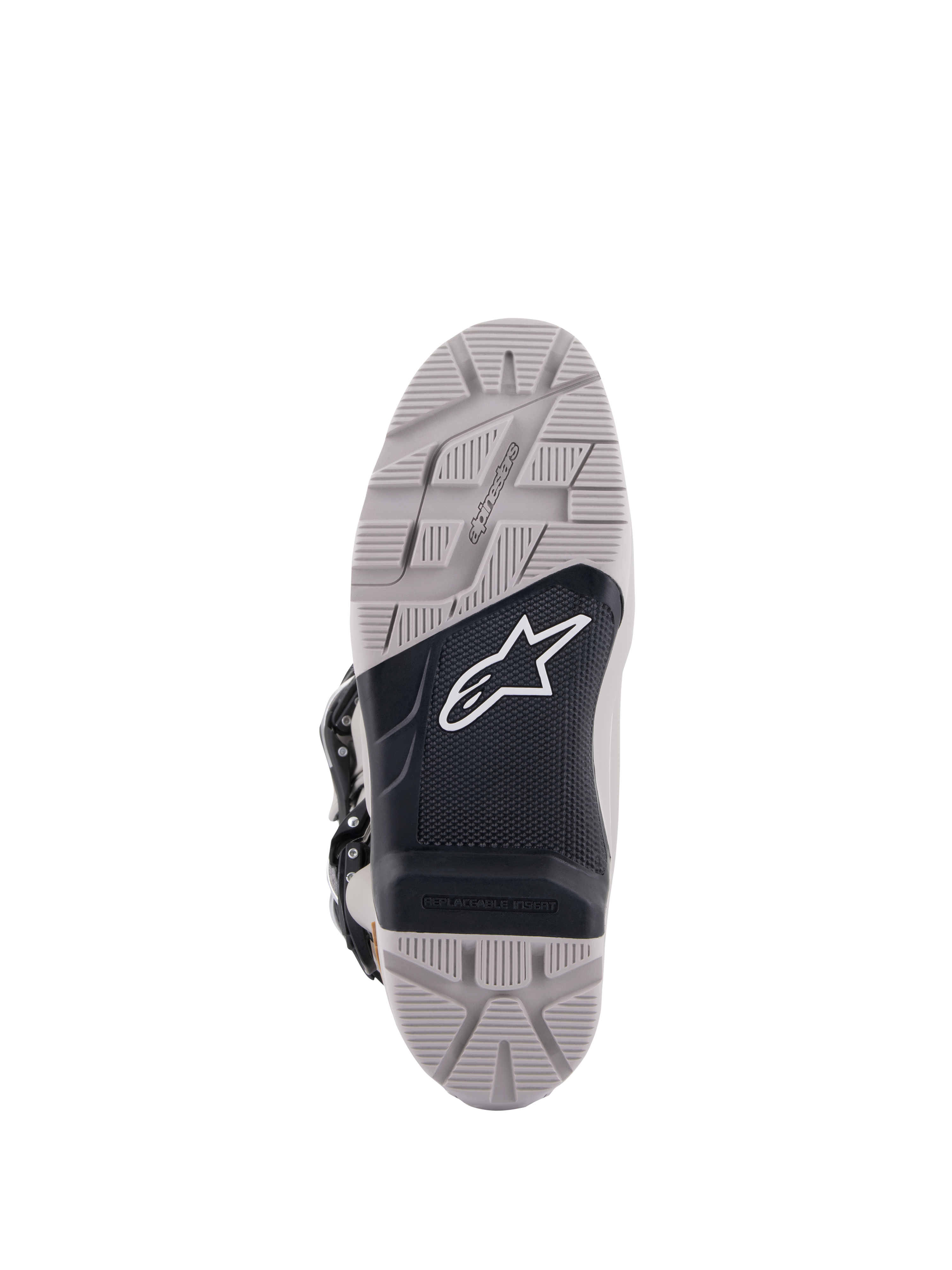 Alpinestars Tech 7 Enduro Drystar® Boots, sole view, Gray and Black, high-grip tread pattern with a textured black central panel, white Astar logo, features a replaceable insert for durability and traction in enduro riding
