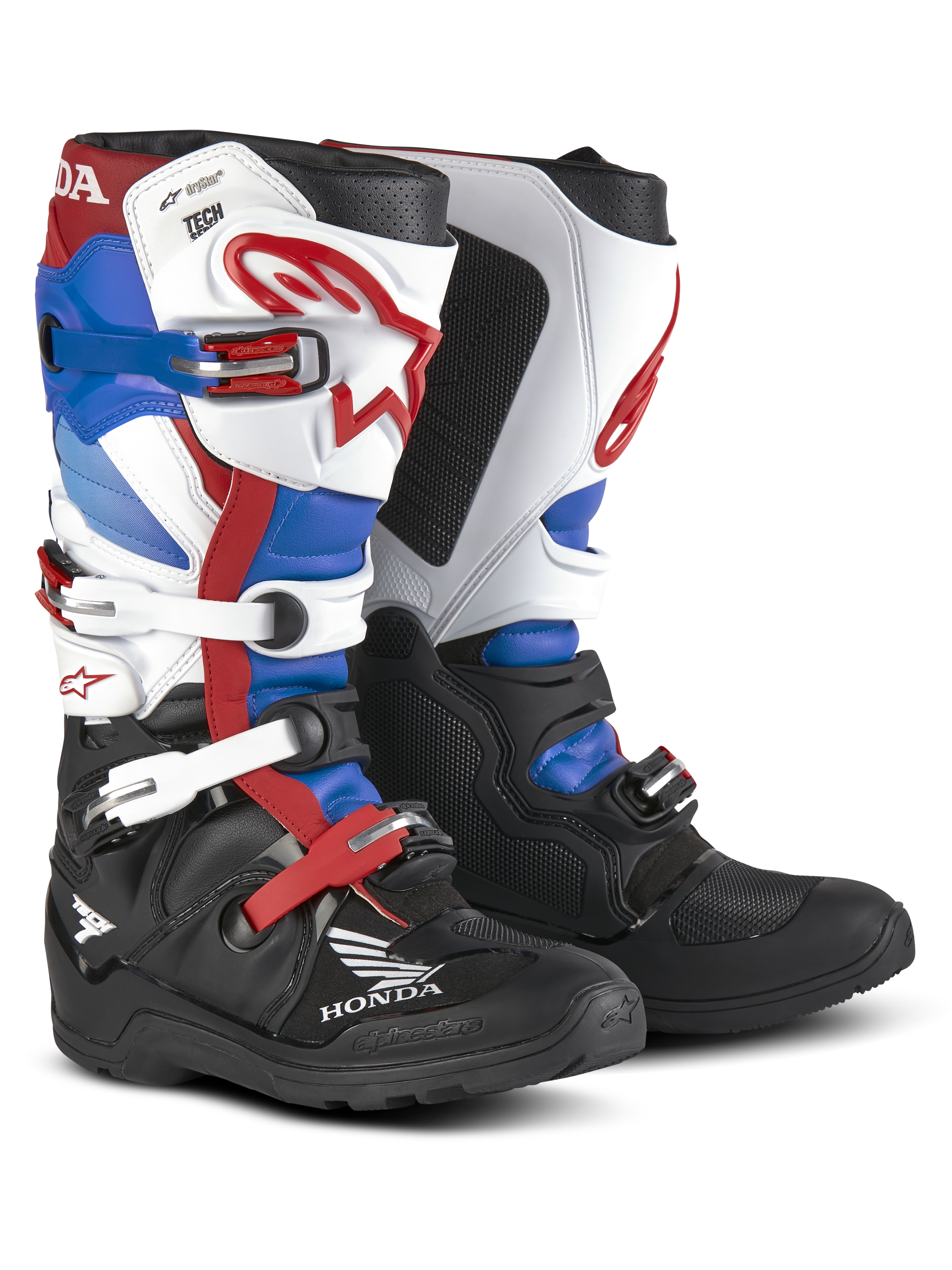 Alpinestars Honda Tech 7 Enduro Drystar® støvler, enduro-motorcykelstøvler, rød, blå, sort og hvid, flere justerbare spænder, Honda-branding, robust beskyttelse, design med høj ankelstøtte