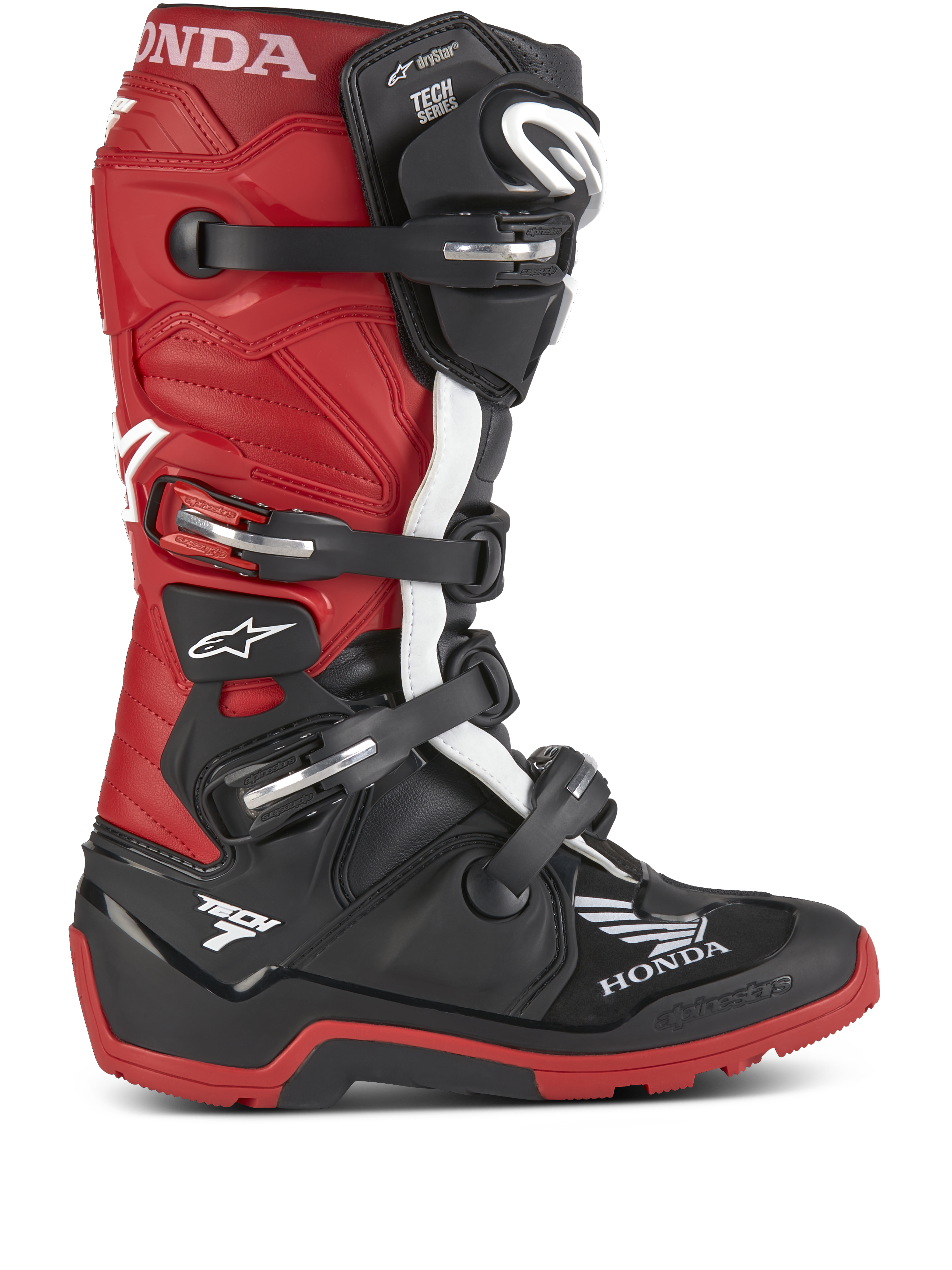 Alpinestars Honda Tech 7 Enduro Drystar® støvler, motorcykel enduro-støvler, sort og klar rød med hvide detaljer, flere justerbare spænder, robust sål til off-road greb, vandtæt Drystar®-teknologi, fremtrædende Honda- og Tech 7-branding