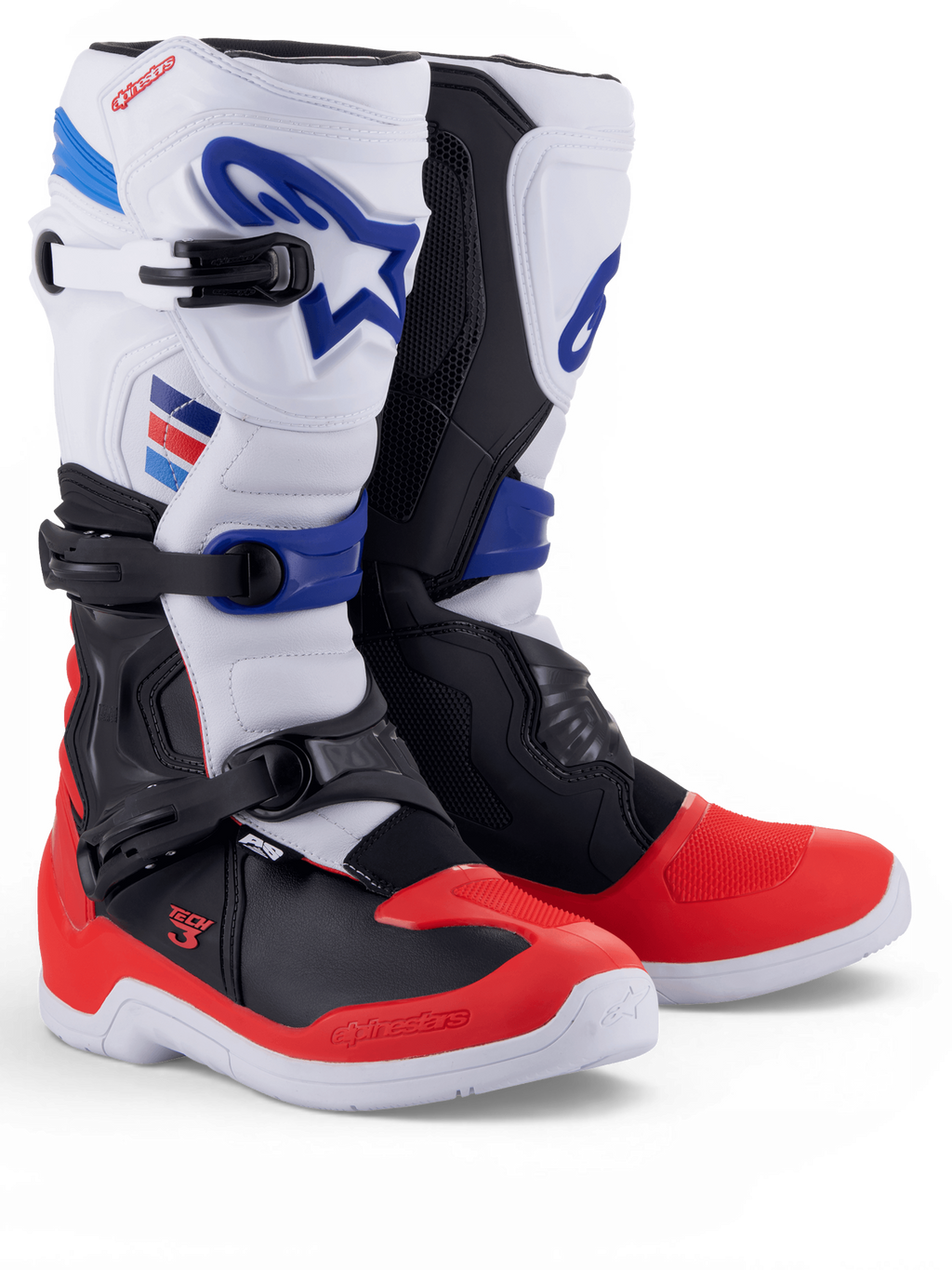Alpinestars Tech 3 støvler, hvide og røde motocrossstøvler med mørkeblå detaljer og tredobbelte spændelukninger, vist som par