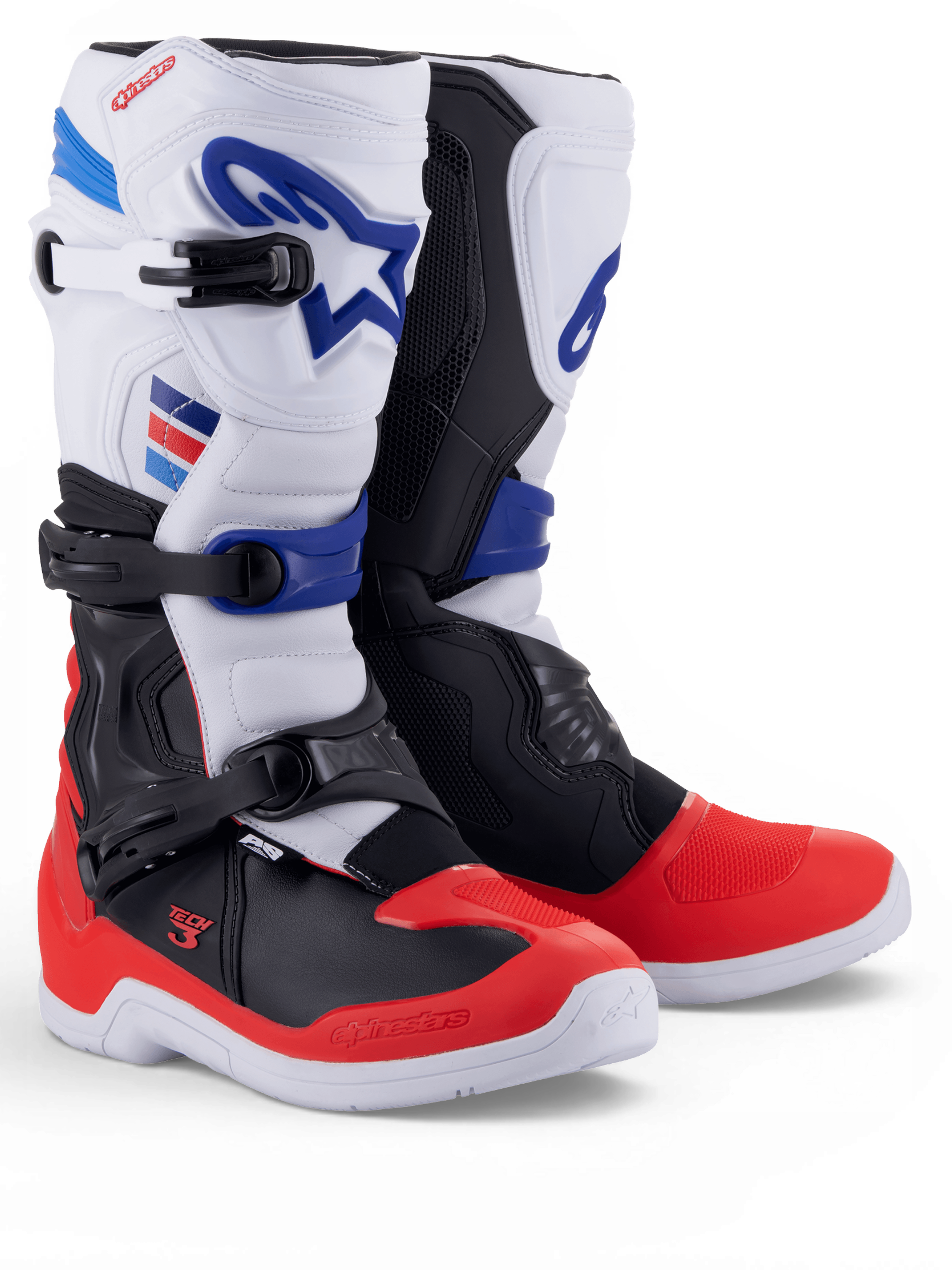 Alpinestars Tech 3 støvler, hvide og røde motocrossstøvler med mørkeblå detaljer og tredobbelte spændelukninger, vist som par