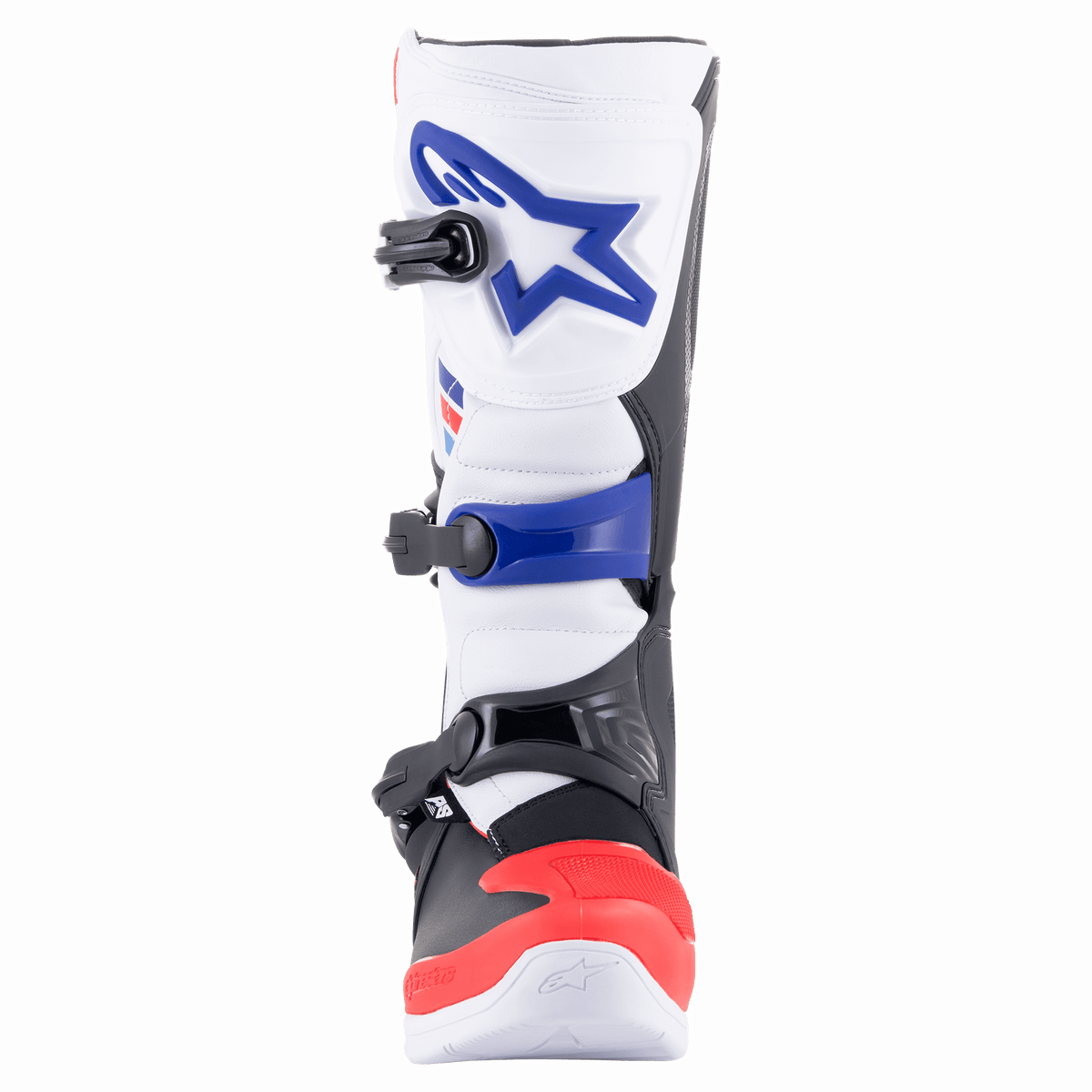 Alpinestars Tech 3 Boots, Motocross Boots, White Bright Red and Dark Blue, front view showing the protective TPU shin plate with blue logo, triple buckle closure system, and reinforced red toe section
