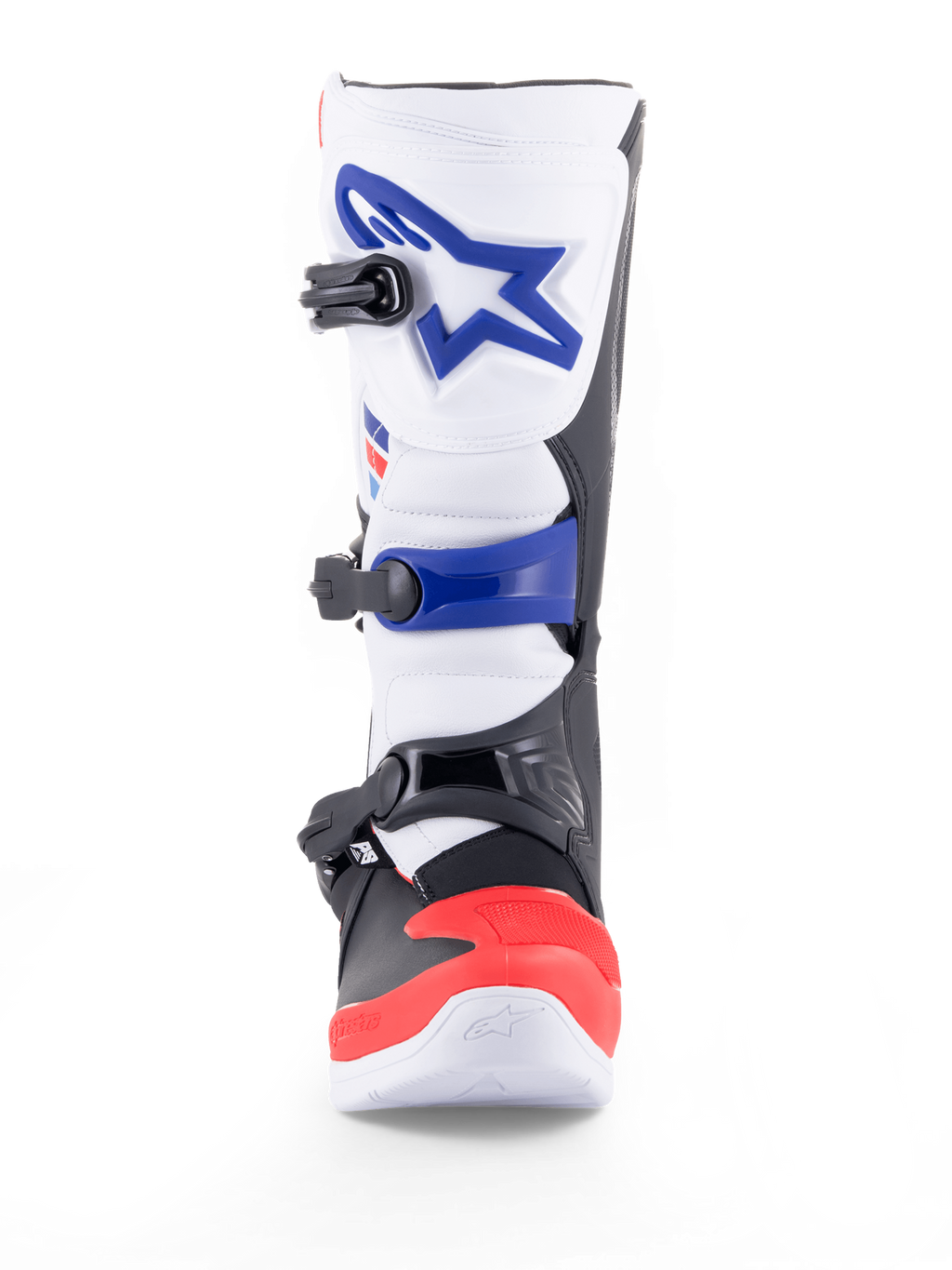 Alpinestars Tech 3 motorcykelstøvler til motocross og off-road, hvid, klar rød og mørkeblå, med TPU-beskyttelse, mikrofiberoverdel, tredobbelt spændelukning og CE-certificering